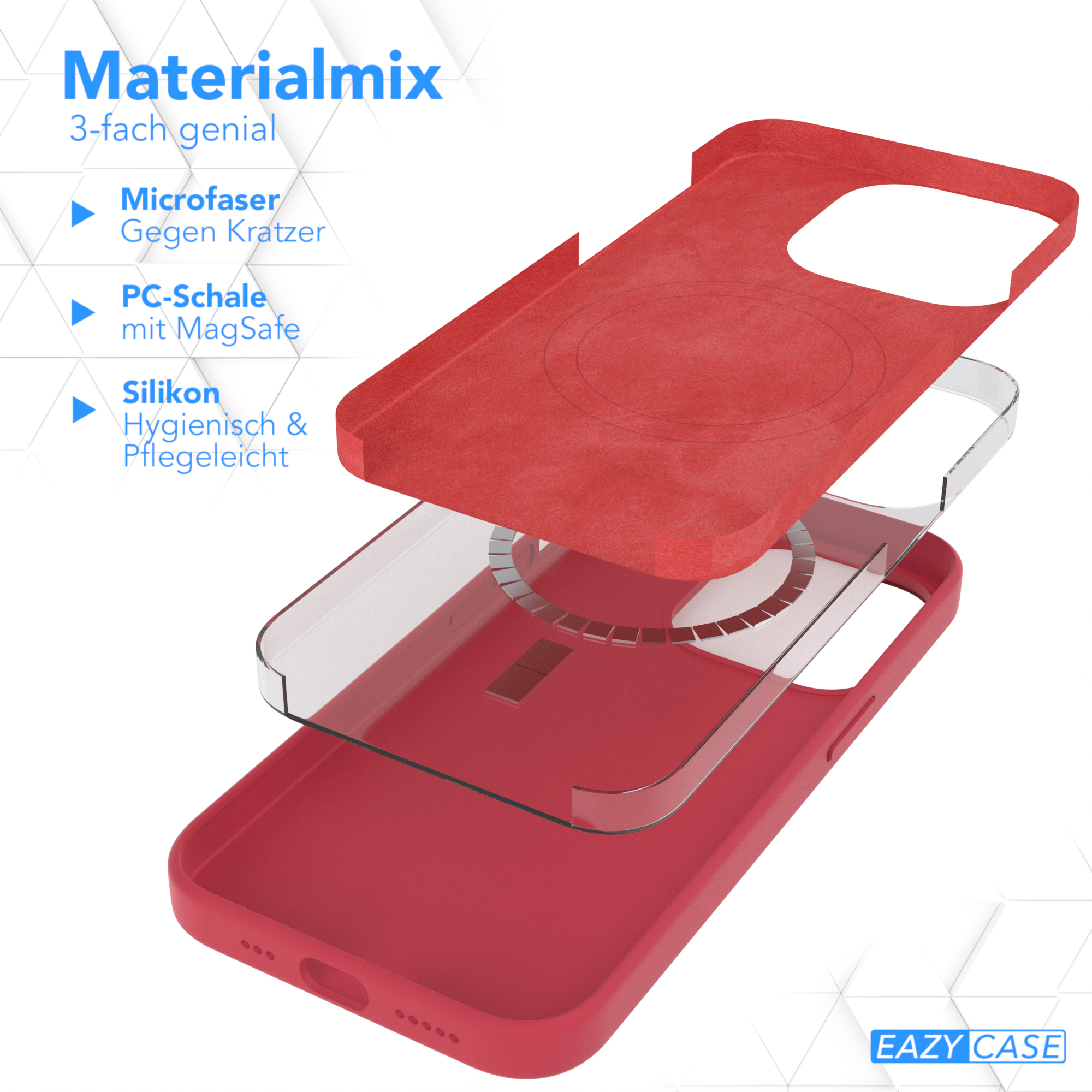 Ein Handy-Case mit Schichten. Rote Außenschicht, transparente Mittelschicht und rote Innenschicht mit Magnet.