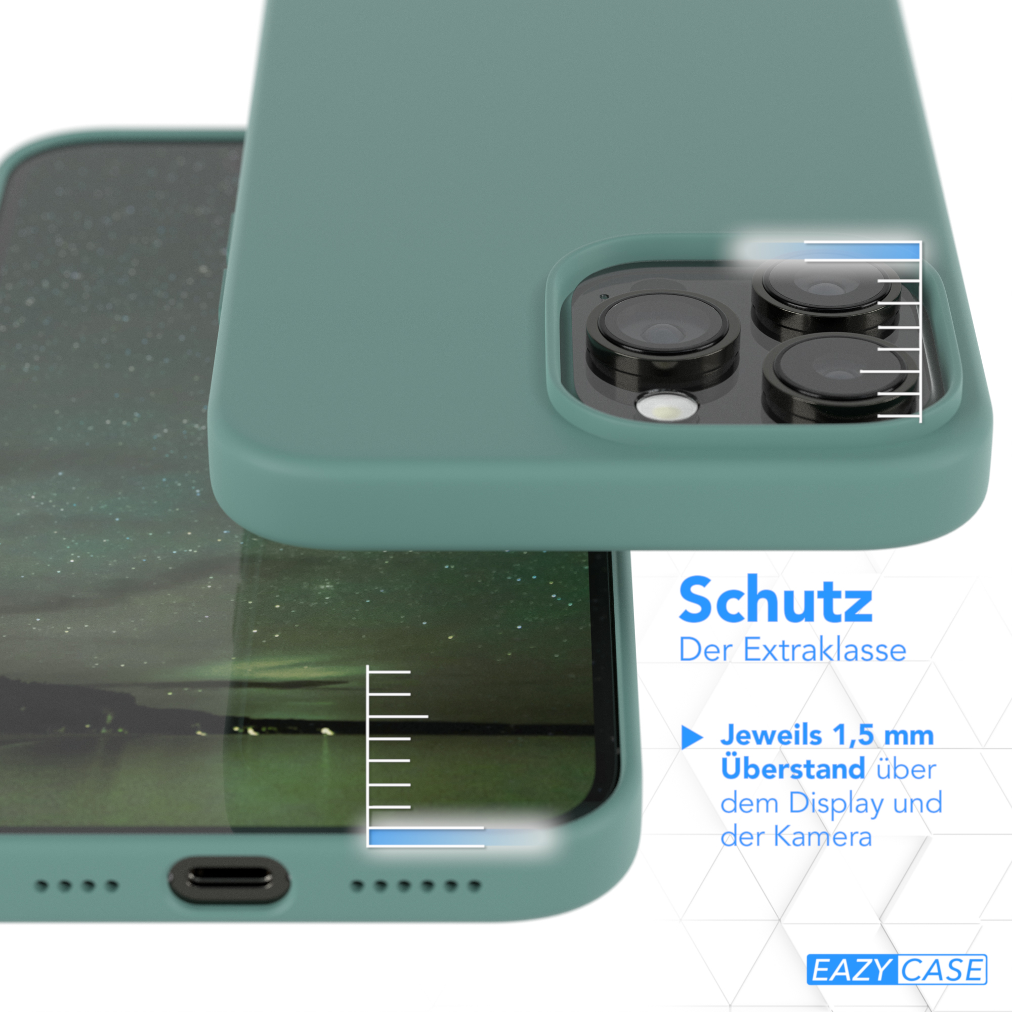 Eine türkisfarbene Handyhülle mit Telefon darin. Zeigt den Schutz und den Kamerabereich.