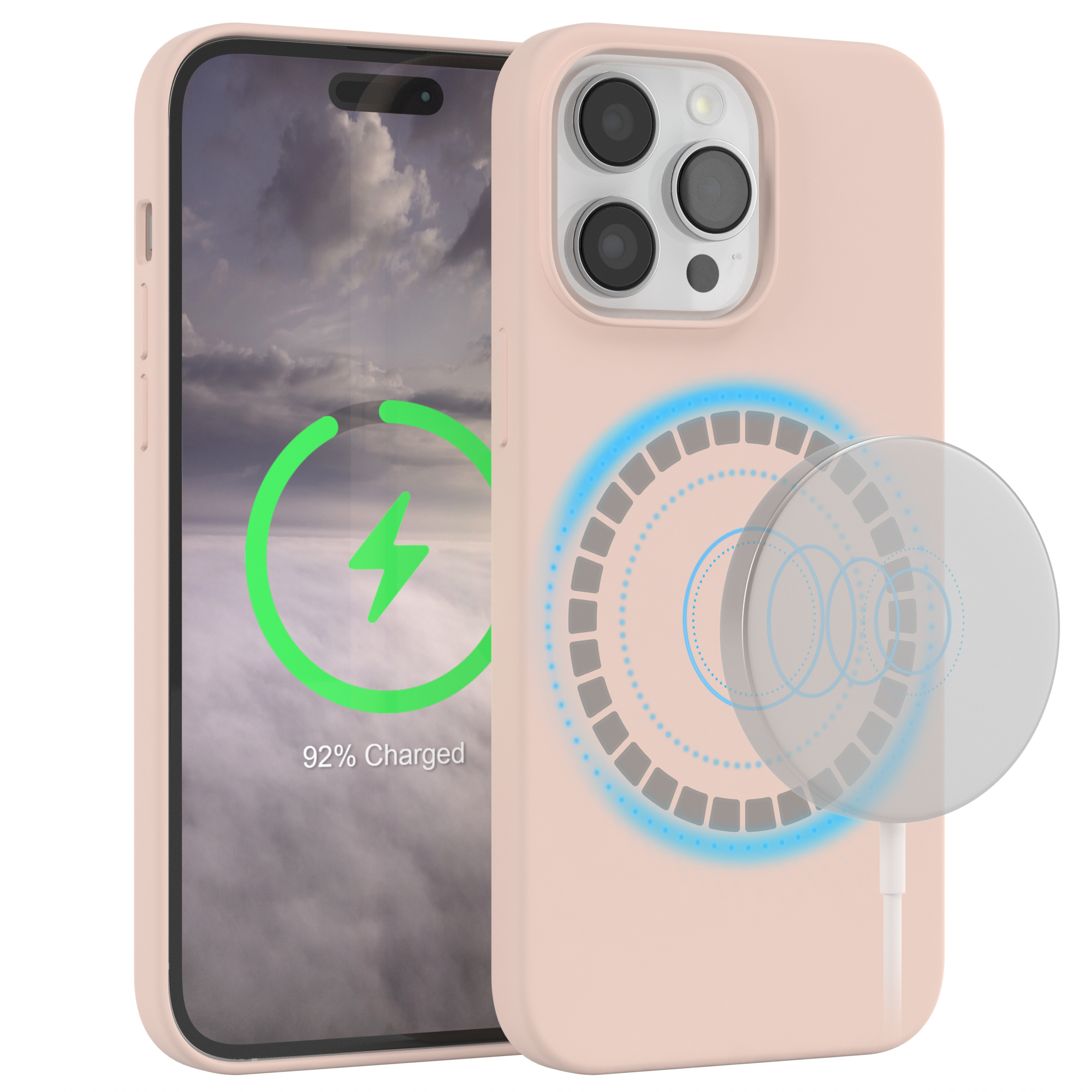 Rosa Handyhülle, Telefon zeigt Ladesymbol. Kabelloses Ladegerät mit blauen Kreisen.