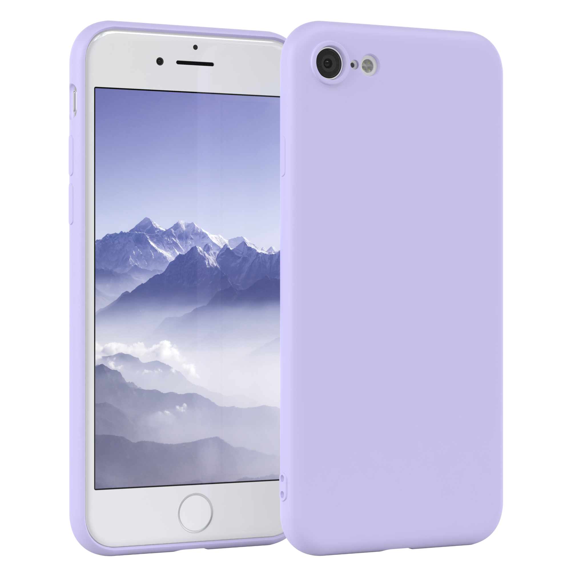 Weißes Smartphone mit Lavendel-Hülle, zwei Handys, weißer Hintergrund.