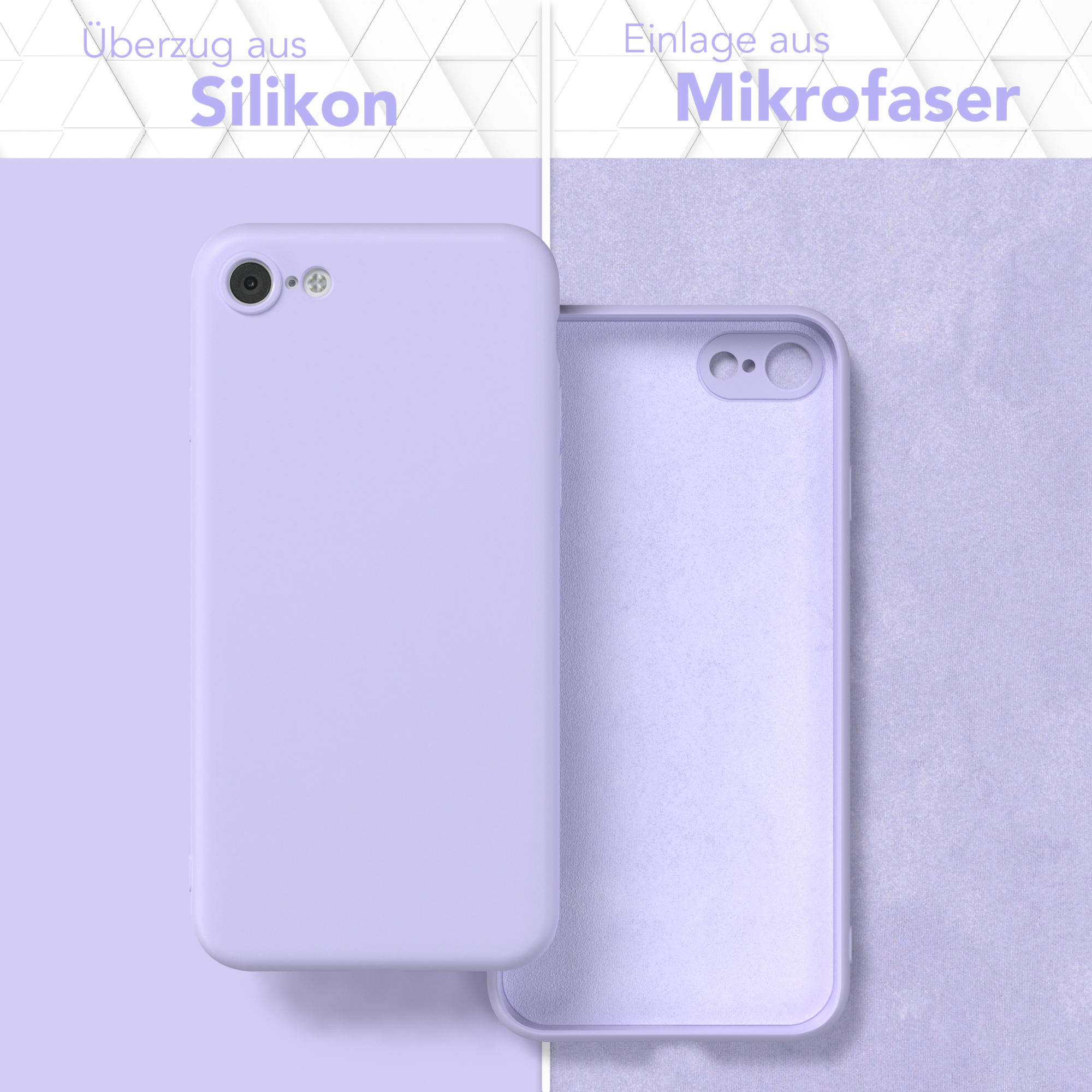Lila Handyhülle, Silikon und Mikrofaser. Text: Silikonhülle.