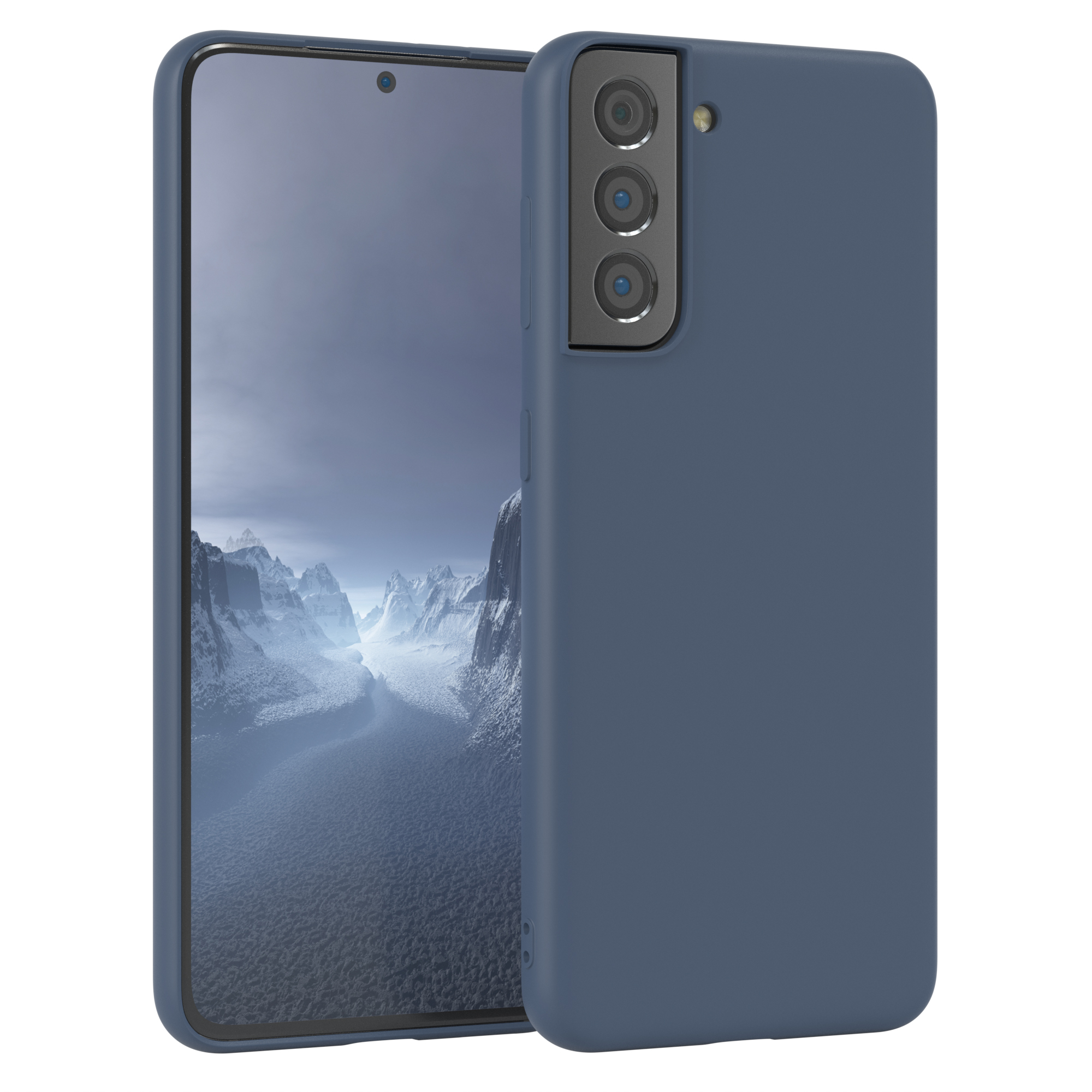 Dunkelblaues Telefon in dunkelblauer Hülle auf weißem Grund.