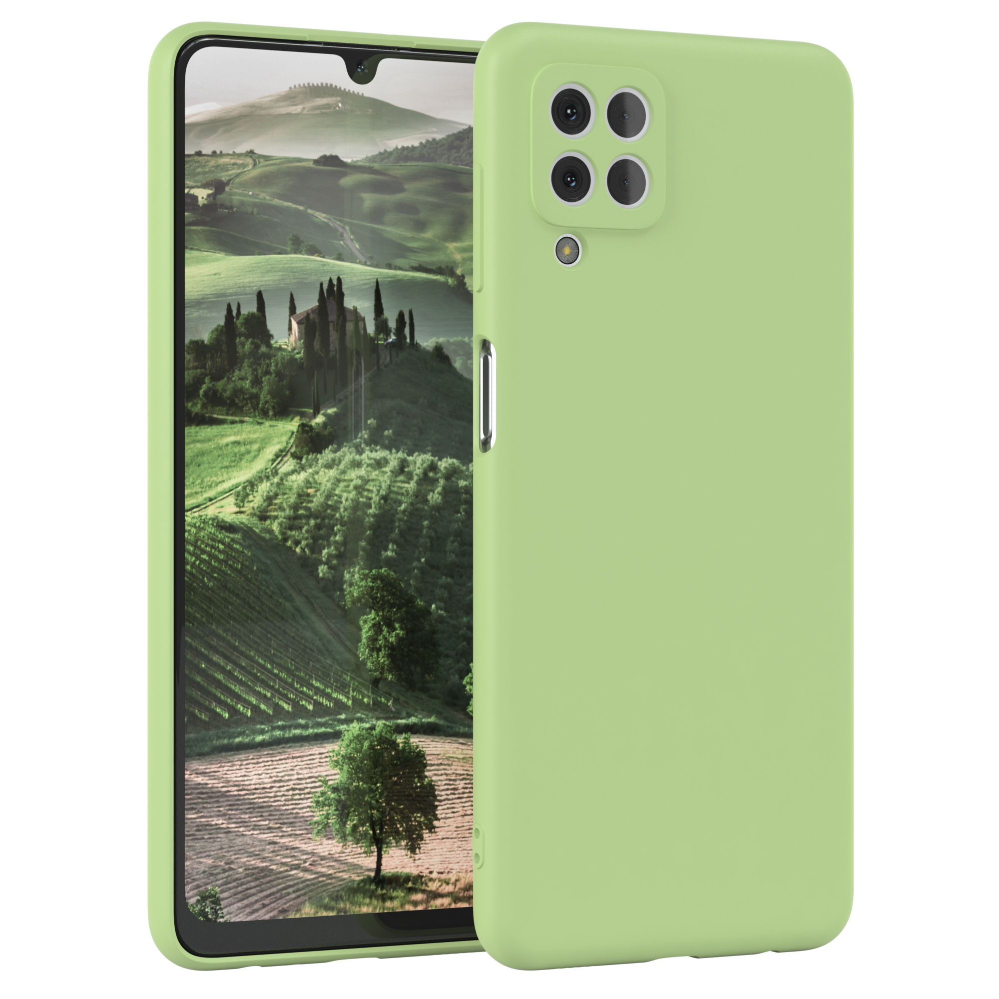 Grüne Handyhülle. Das Telefon zeigt Landschaft mit Bäumen.