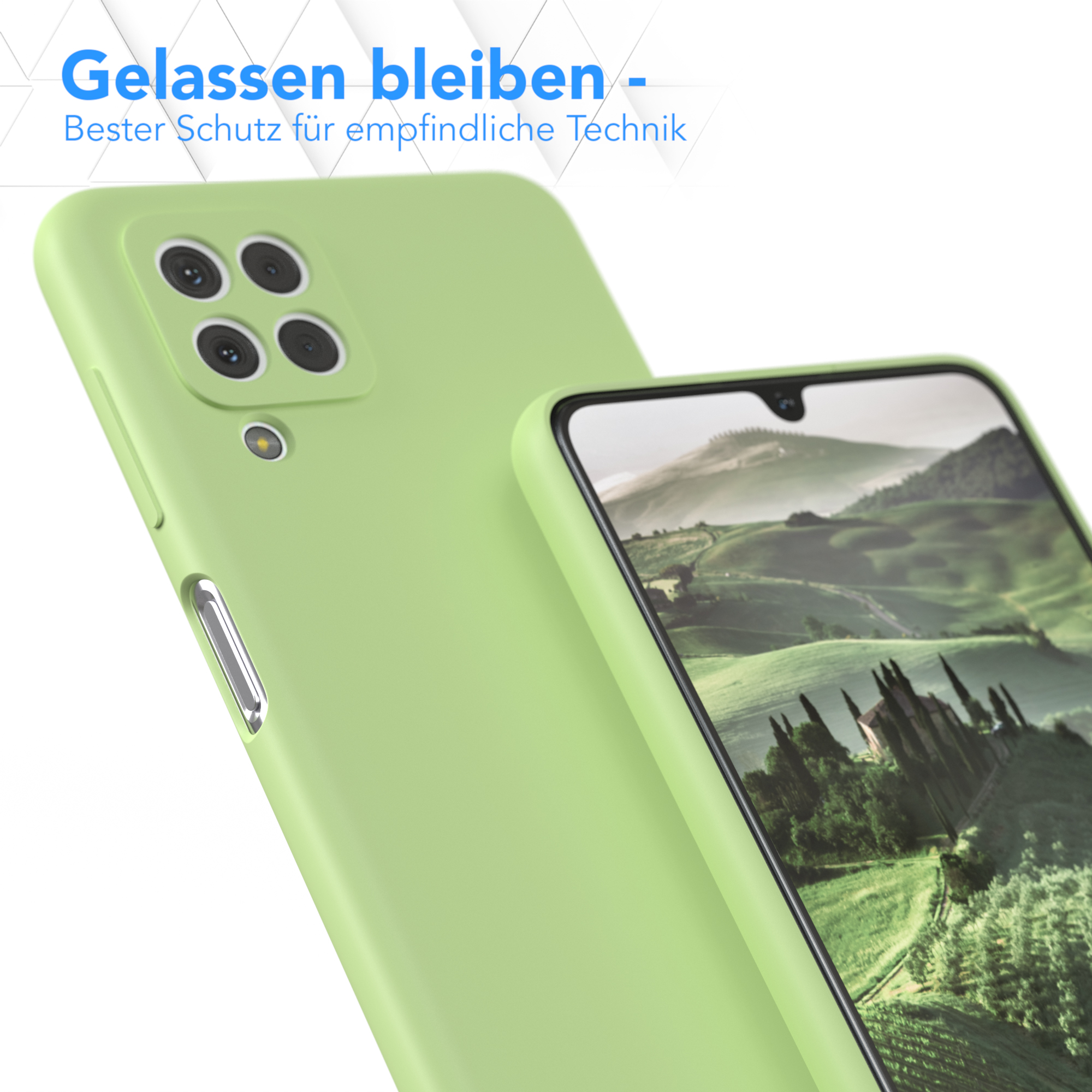 Eine grüne Handyhülle schützt ein Telefon; der Bildschirm zeigt eine Landschaft.
