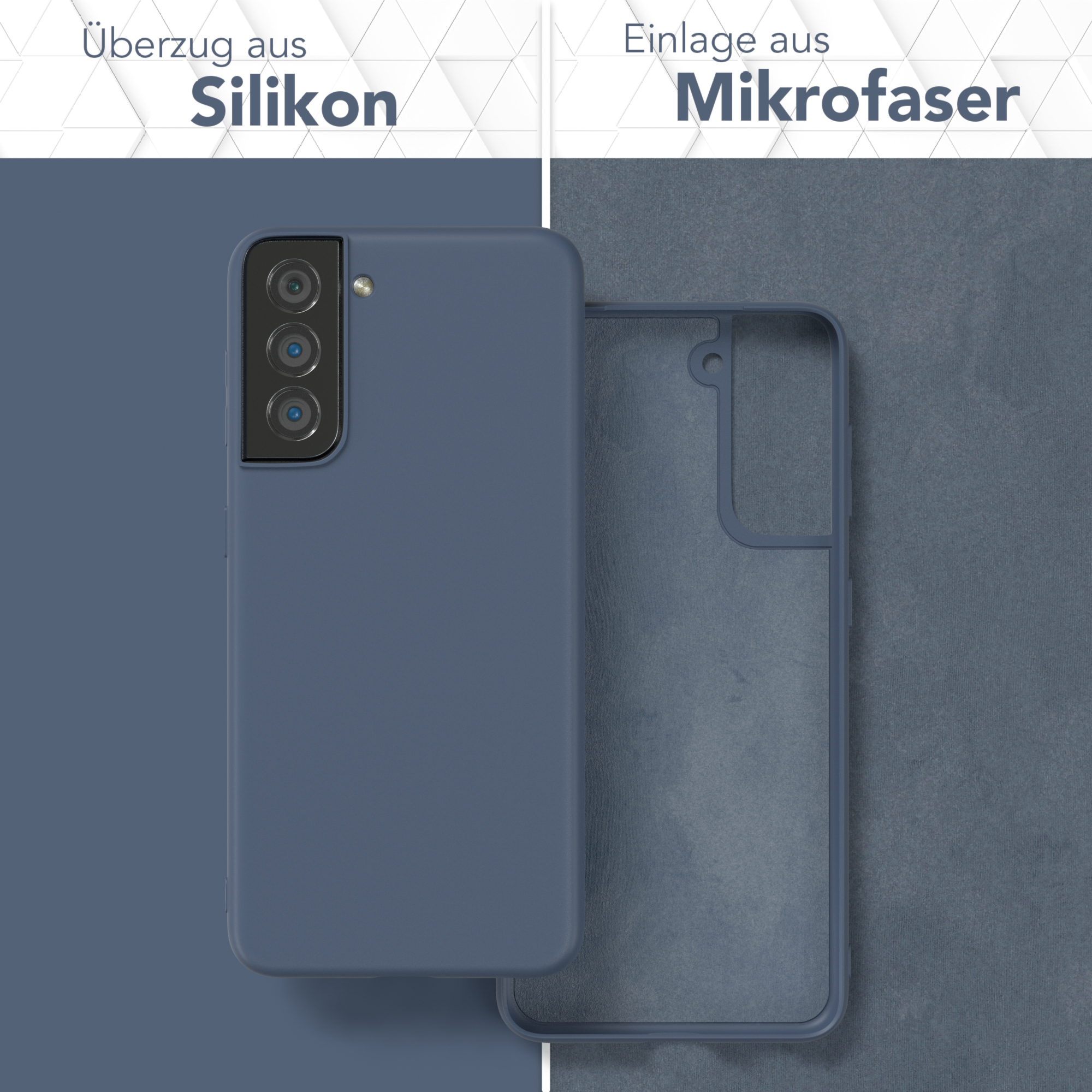 Blaue Handyhülle, mit passendem Einsatz, zeigt das Design des Telefons und Kameraausschnitte.
