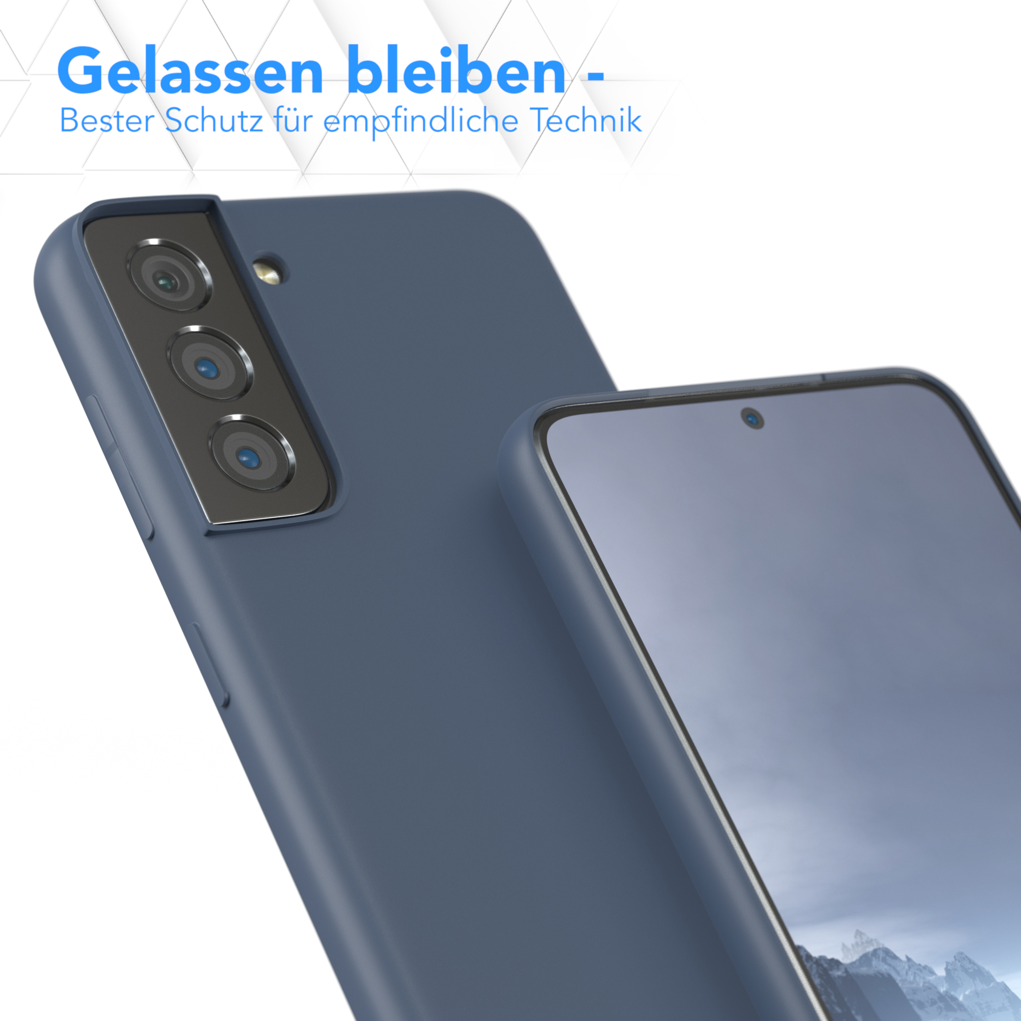Zwei Telefone mit blauer Hülle, eines im Fokus. Text: Entspannt bleiben, bester Schutz für empfindliche Technik.