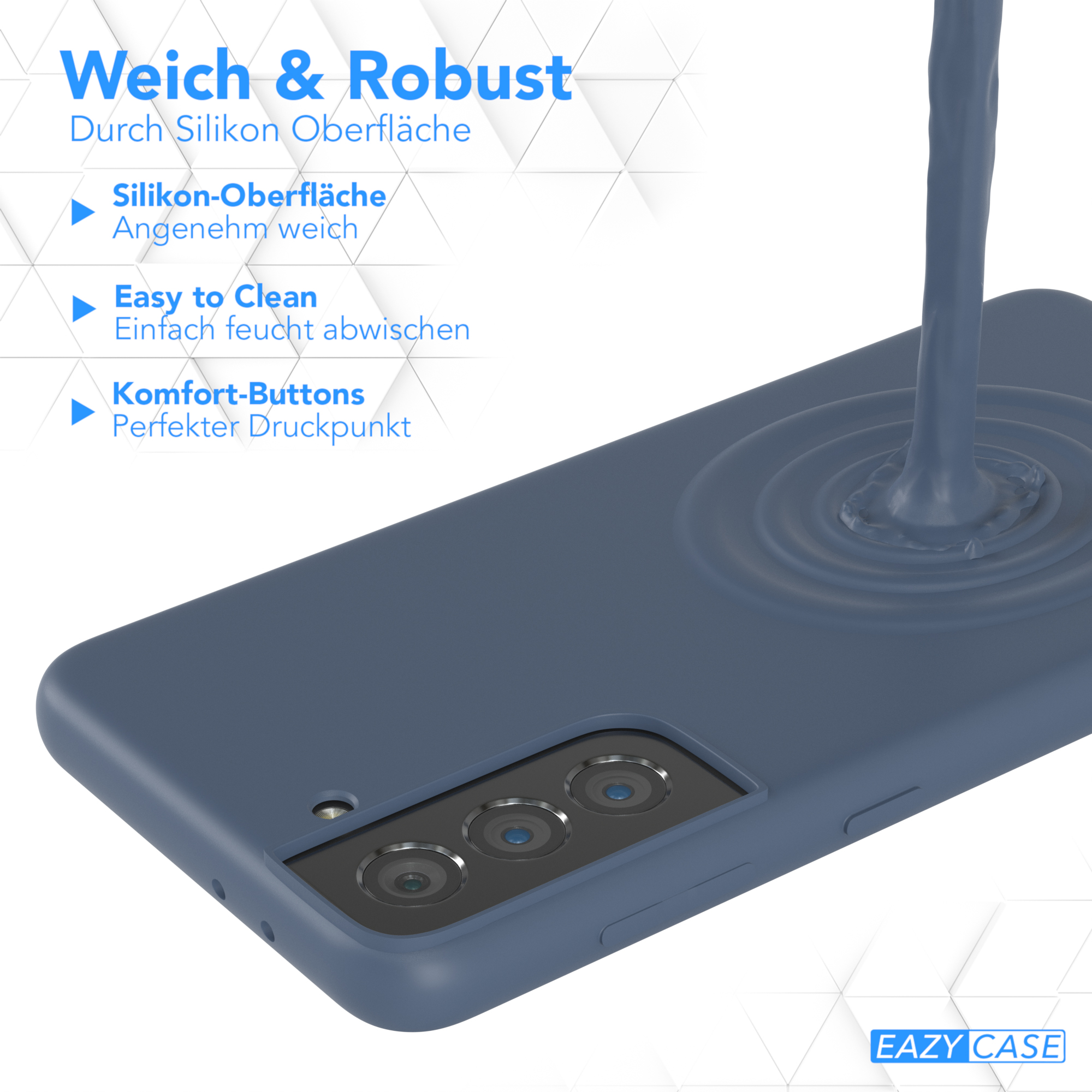 Blaue Handyhülle mit Wellenstruktur. Der Hintergrund ist blau.