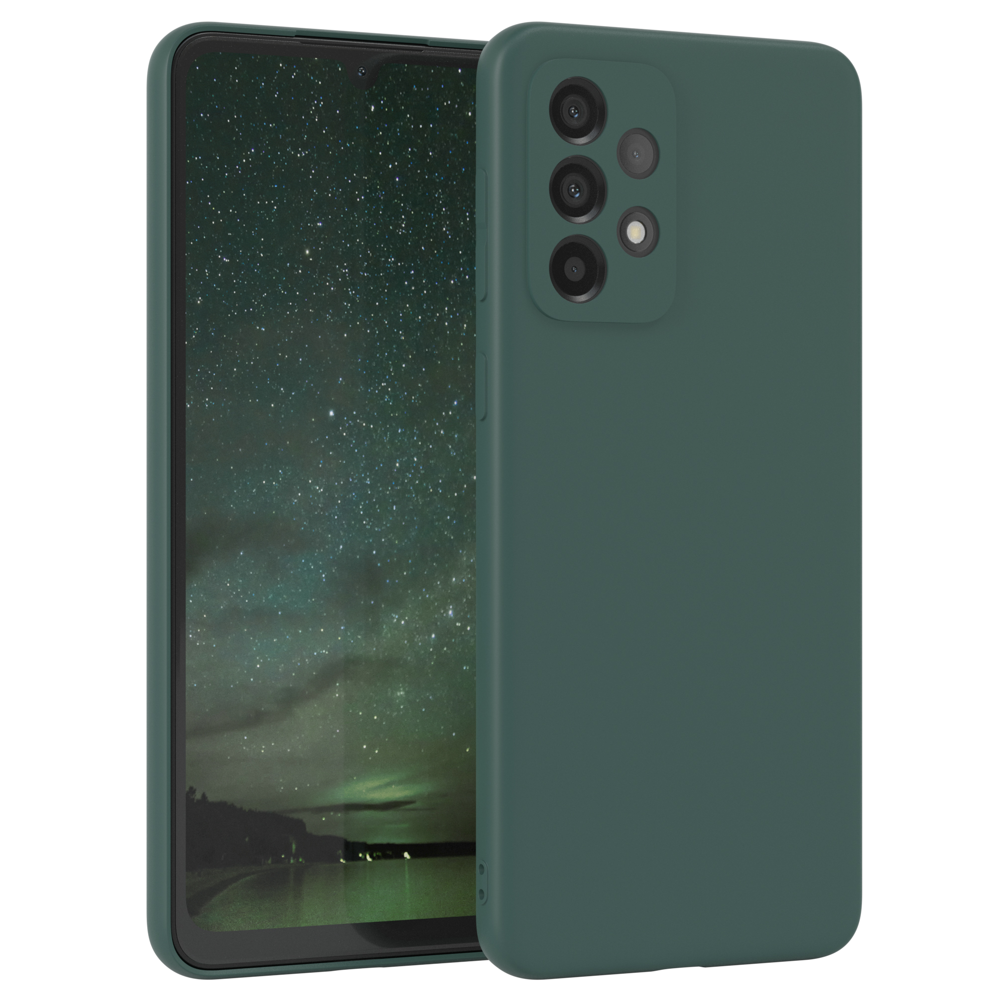 Dunkelgrünes Telefon in einer Hülle mit einem Foto auf dem Bildschirm.
