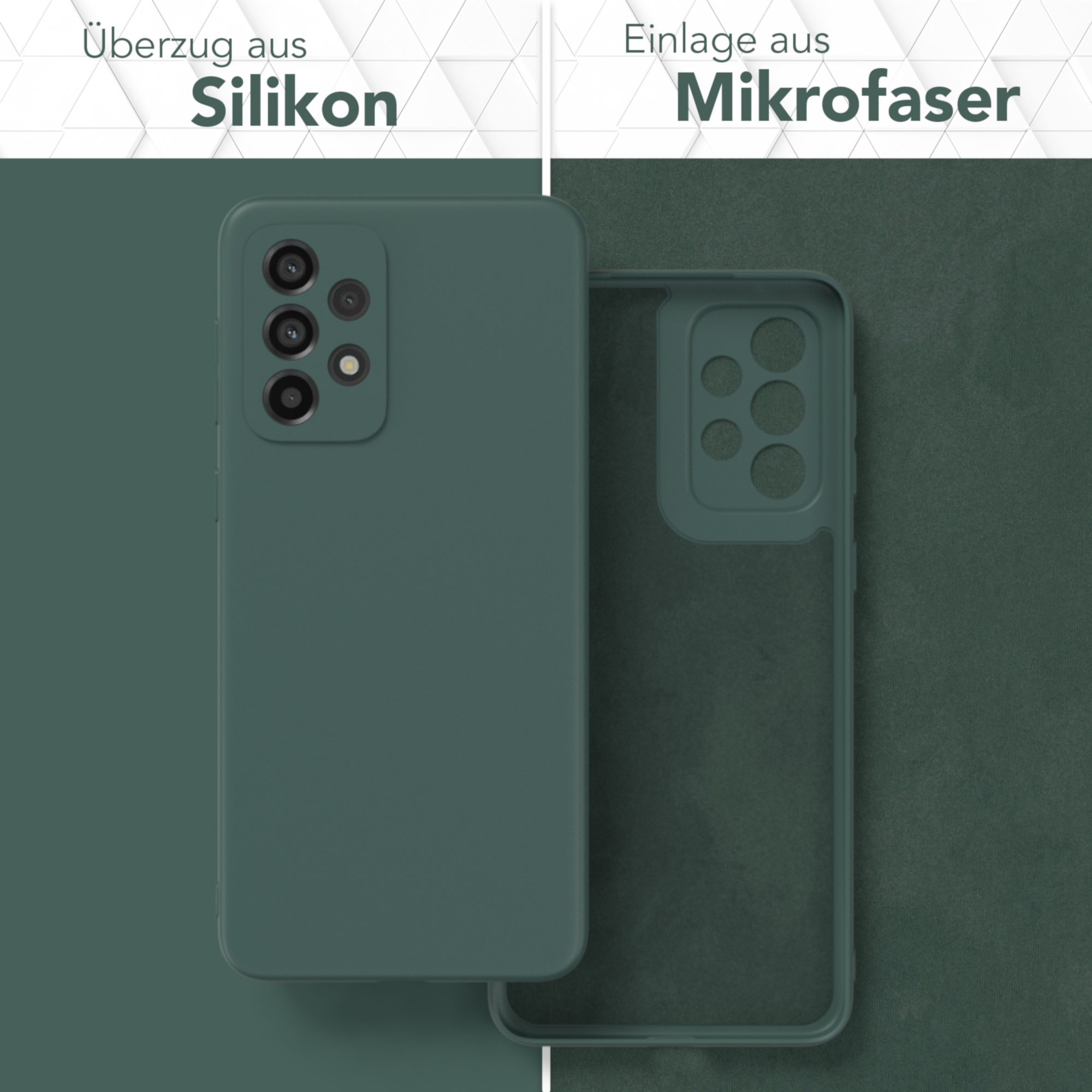 Grüne Handyhülle mit Telefon. Details von Silikon außen und Mikrofaser innen sind sichtbar.