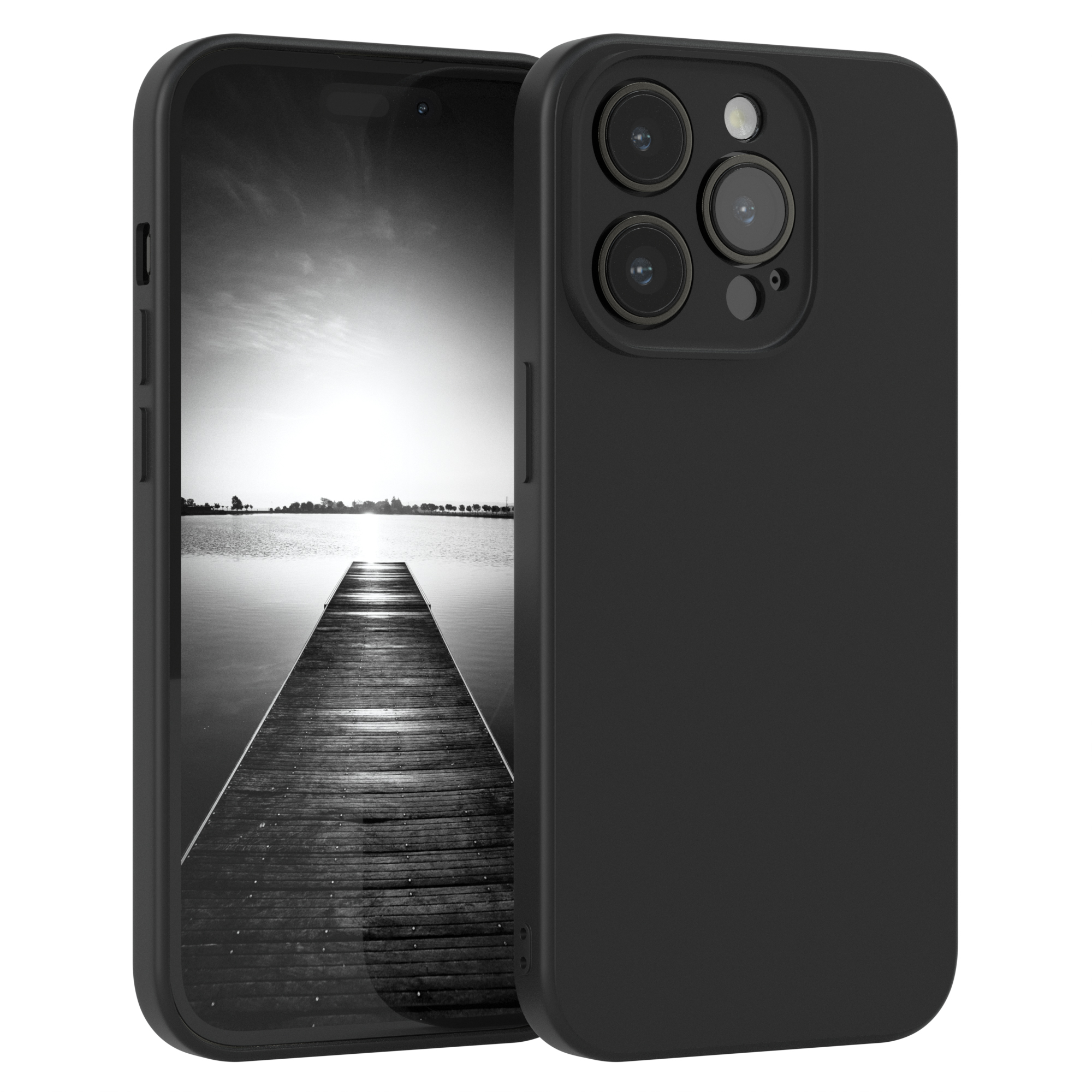 Schwarze Handyhülle mit Telefon, das einen Steg auf einem See zeigt. Die Hülle ist rechts.