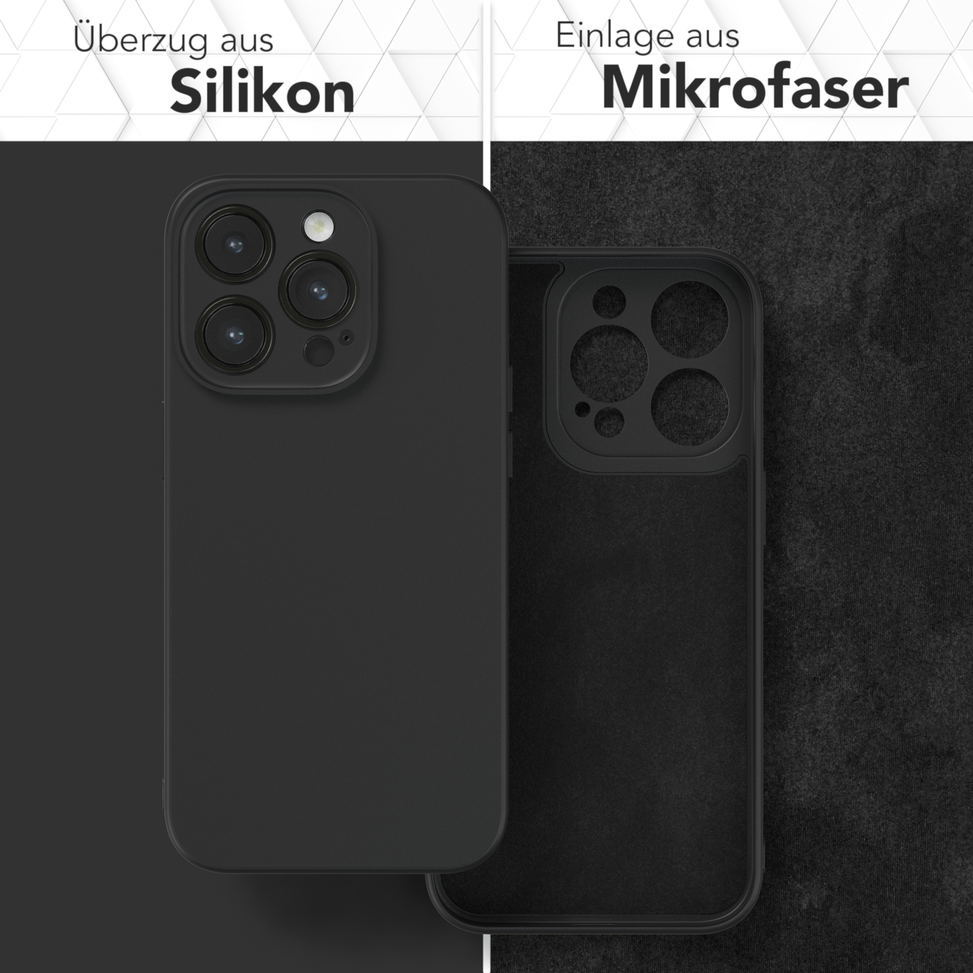 Zwei schwarze Handyhüllen, eine aus Silikon und eine aus Mikrofaser, nebeneinander.