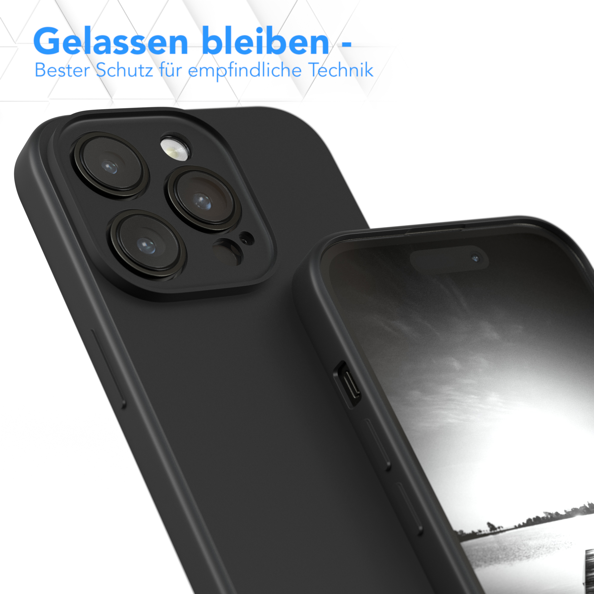 Eine schwarze Handyhülle schützt ein Telefon mit hellem Bildschirm.