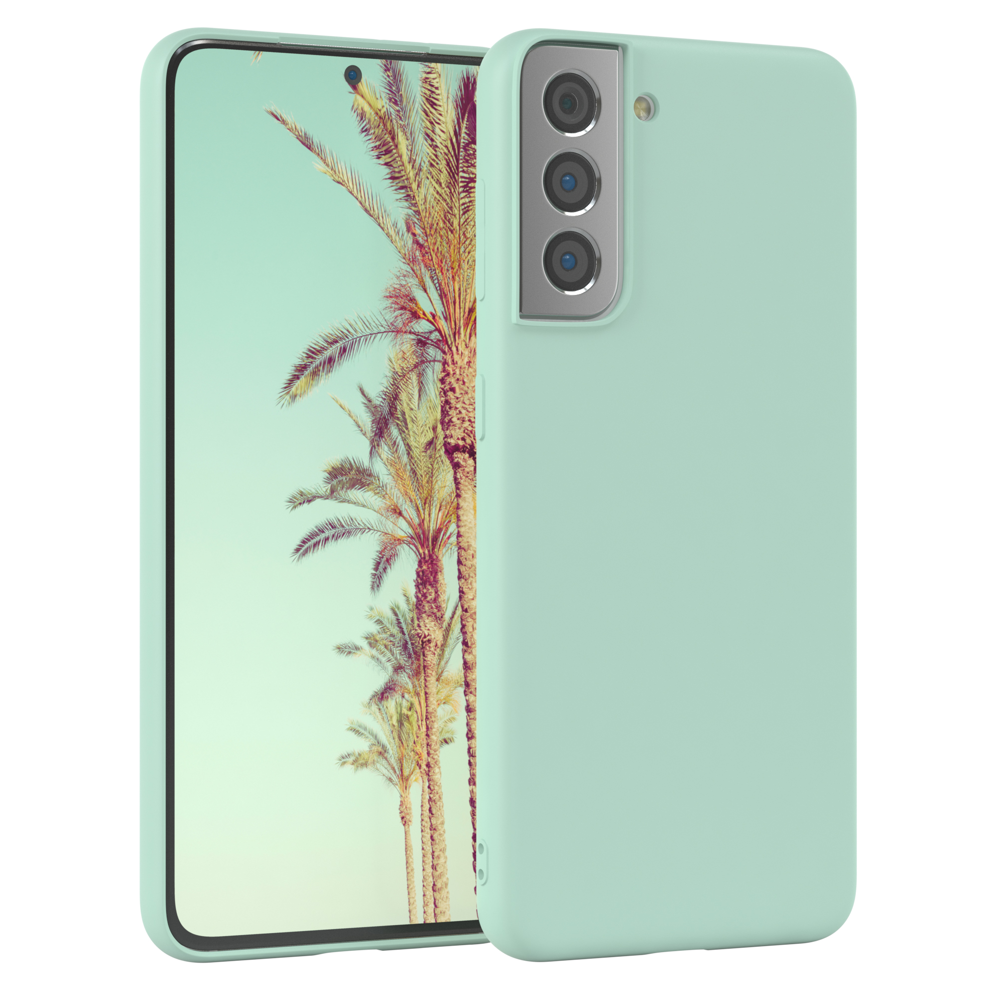 Mintfarbene Handyhülle mit einem hellgrünen Telefon, auf weißem Hintergrund.
