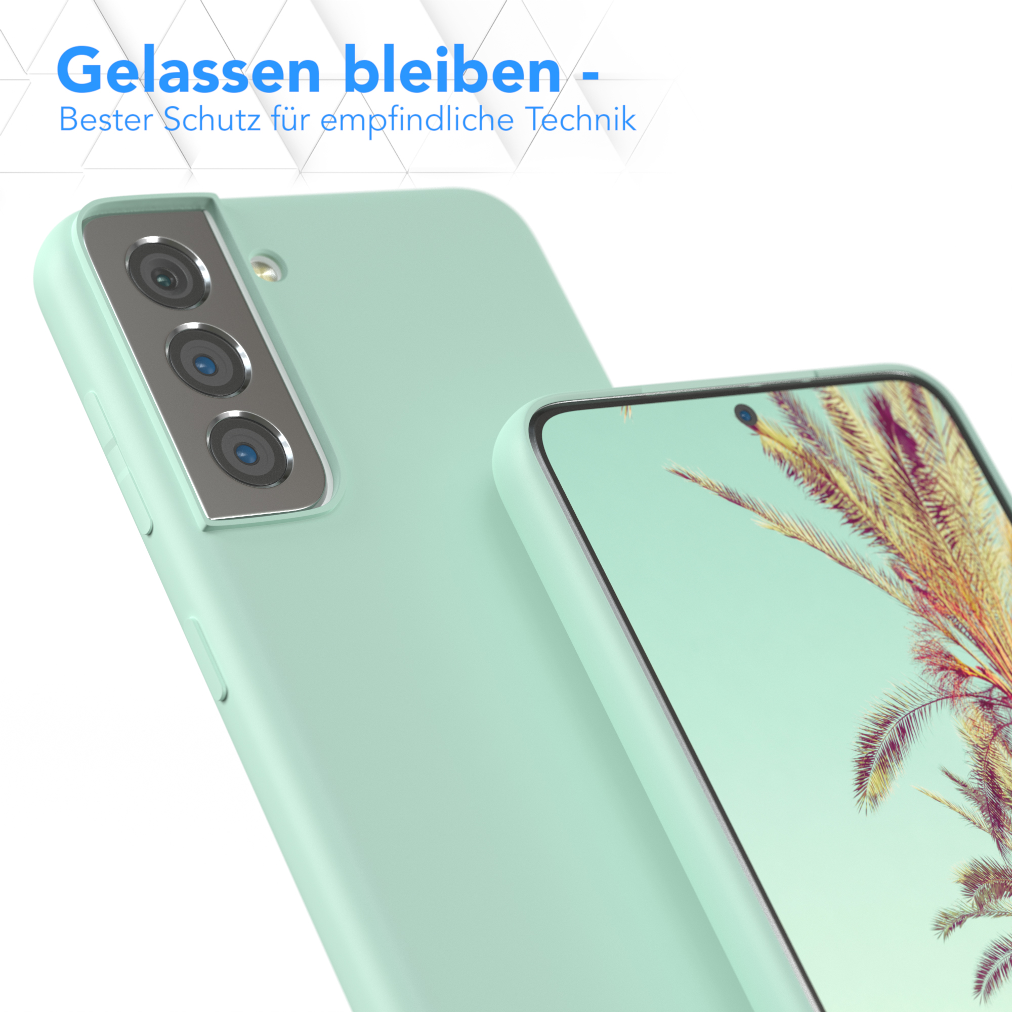 Zwei Telefone mit Hüllen, eines mit Bildschirm. Text: Bester Schutz.