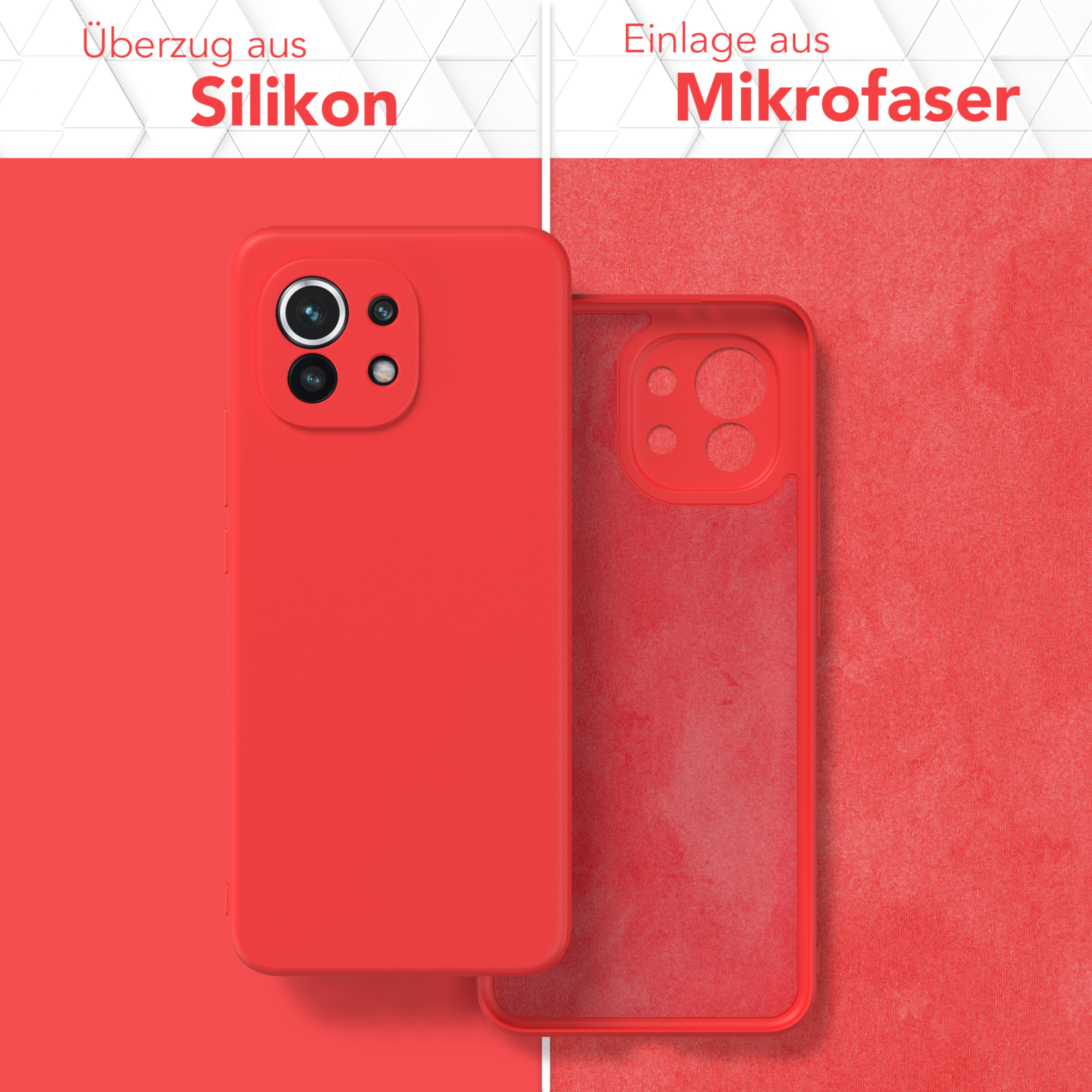 Rote Handyhülle mit Silikonoberfläche und Mikrofaser-Innenraum, nebeneinander.