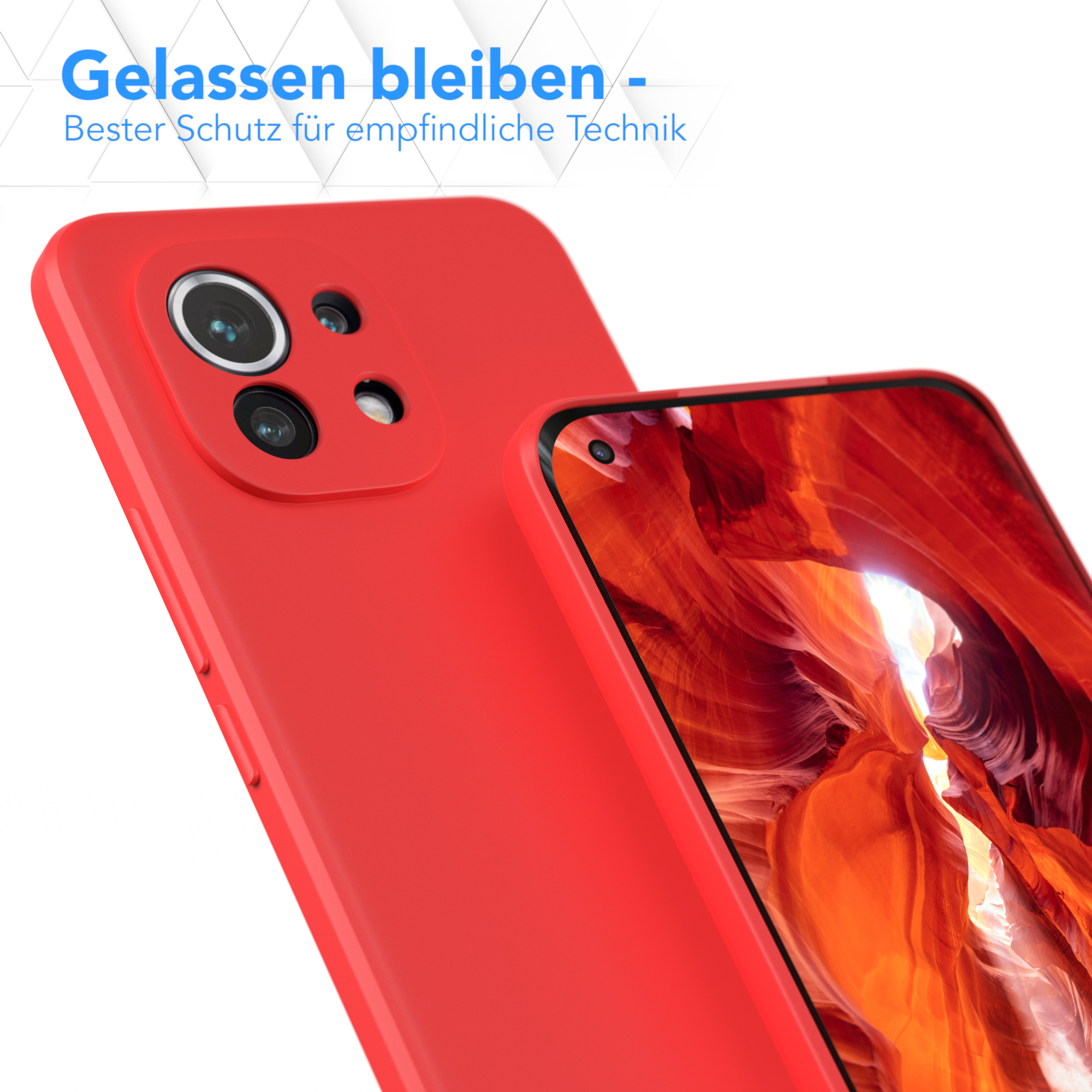 Rote Handyhülle und Telefon. Hintergrund ist ein Canyon. Text: 'Gelassen bleiben'.