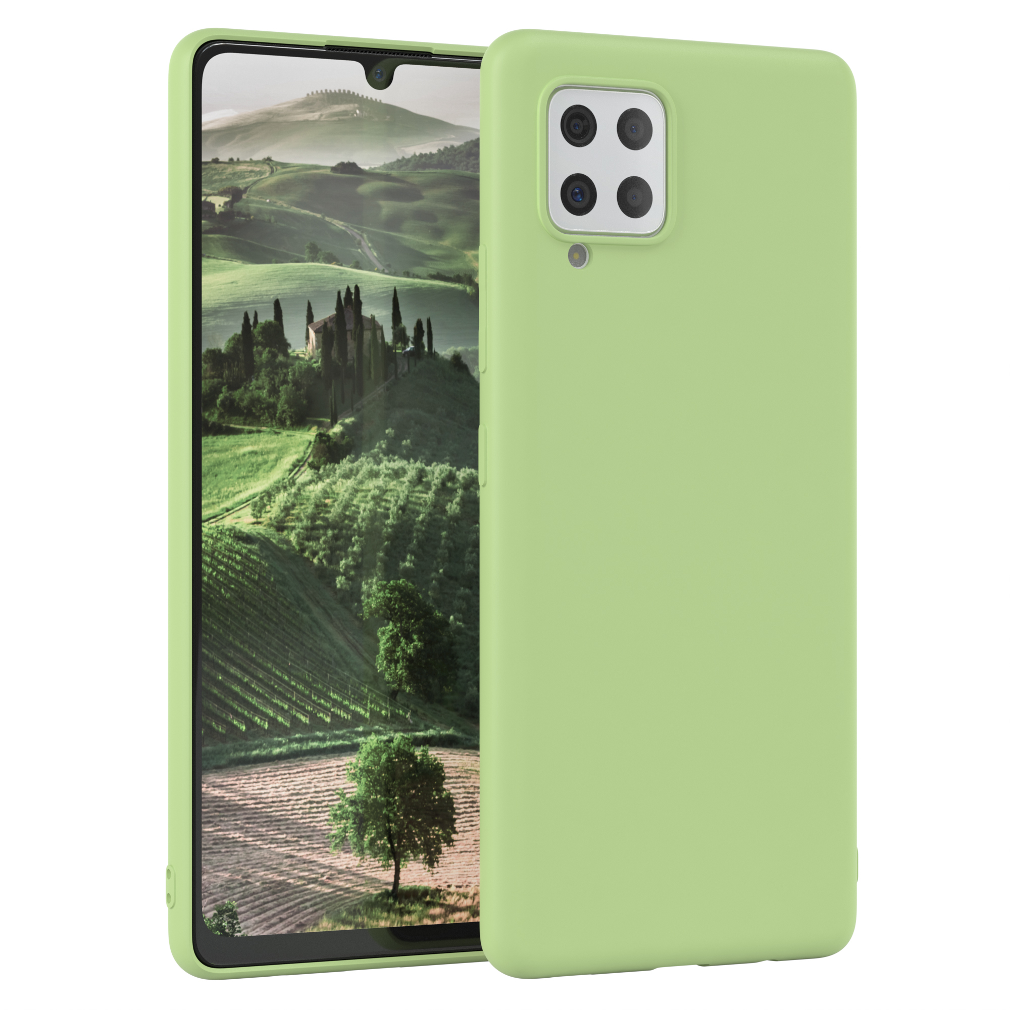 Grünes Telefon mit Hülle, vor weißem Hintergrund positioniert.
