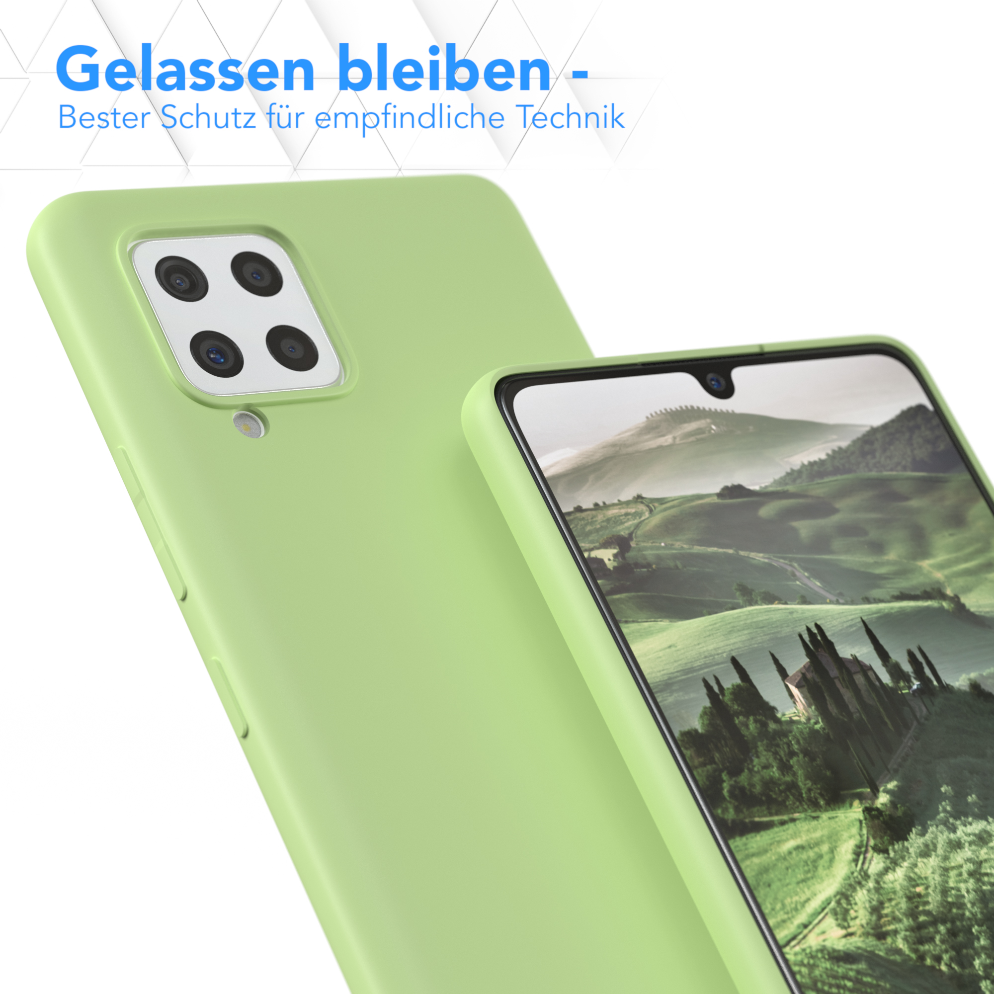 Grüne Smartphone-Hülle mit Kameraaussparungen. Text: Gelassen bleiben - Bester Schutz für empfindliche Technik.