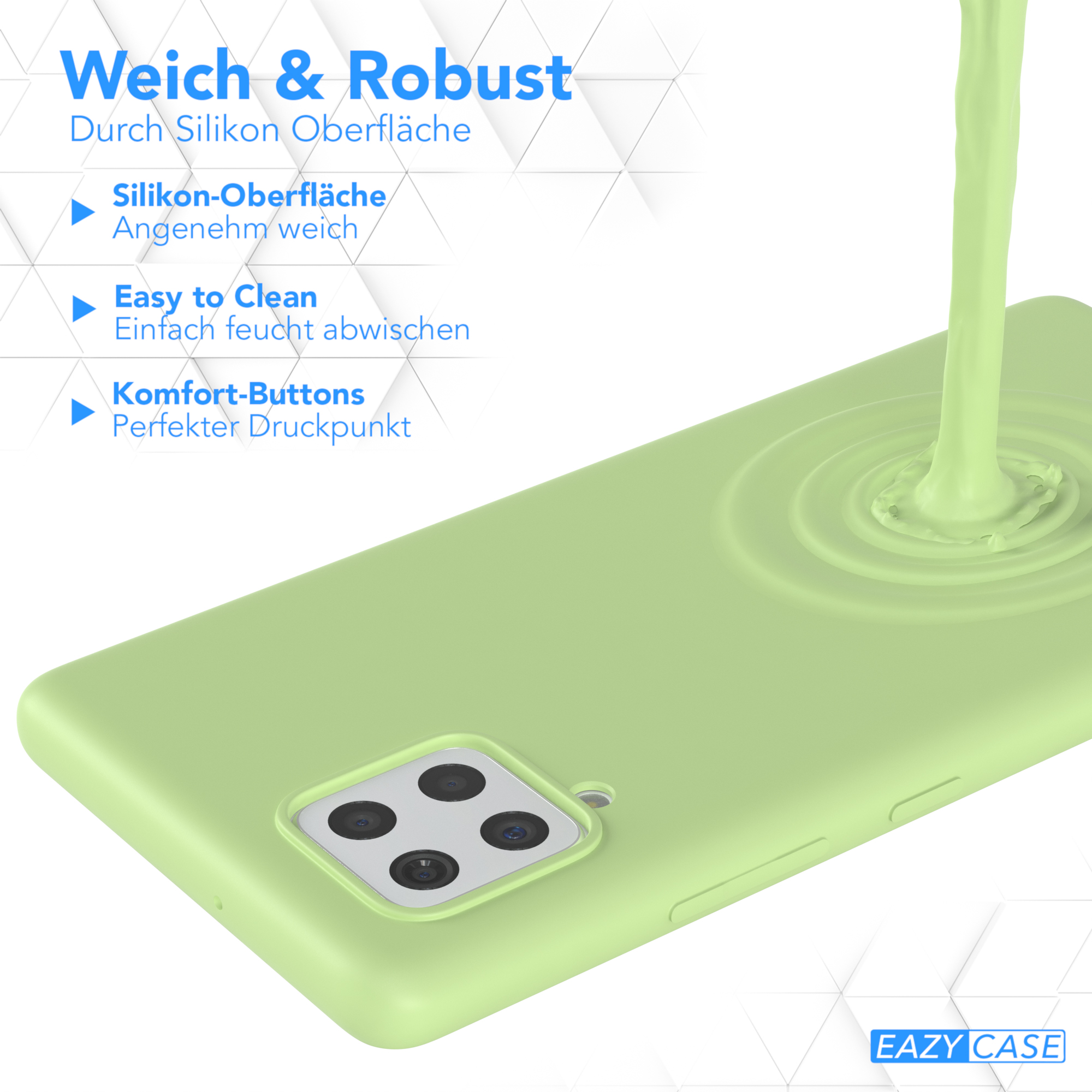 Telefonhülle, auf die Flüssigkeit gegossen wird. Text: Weich & Robust, Silikonoberfläche.