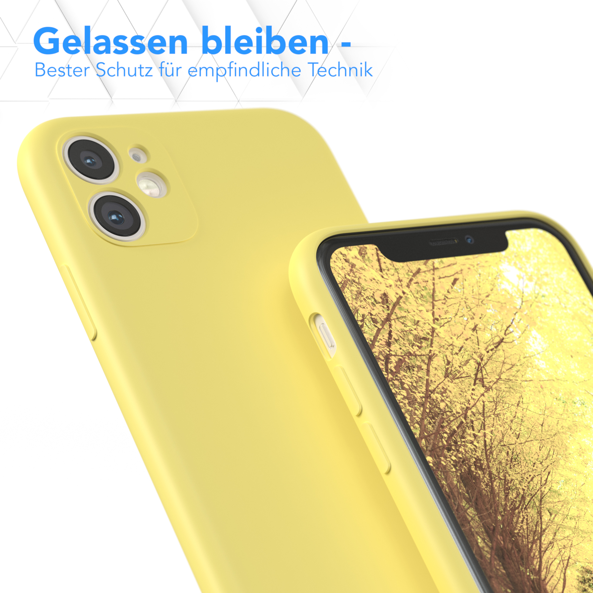 Zwei gelbe Handyhüllen, eine oben drauf, die einen Handybildschirm zeigen.