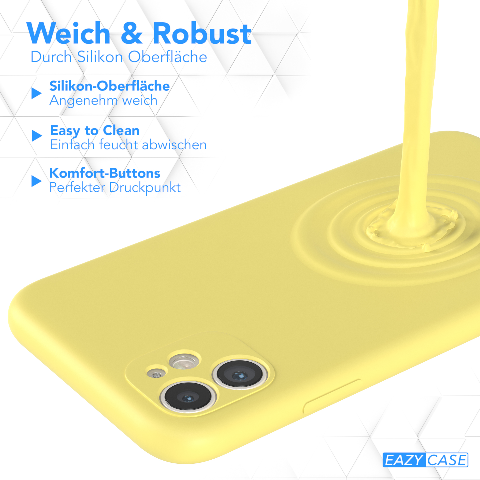 Gelbe Handyhülle, Nahaufnahme. Text: Weich & Robust, Durch Silikon Oberfläche, Eazy Case.