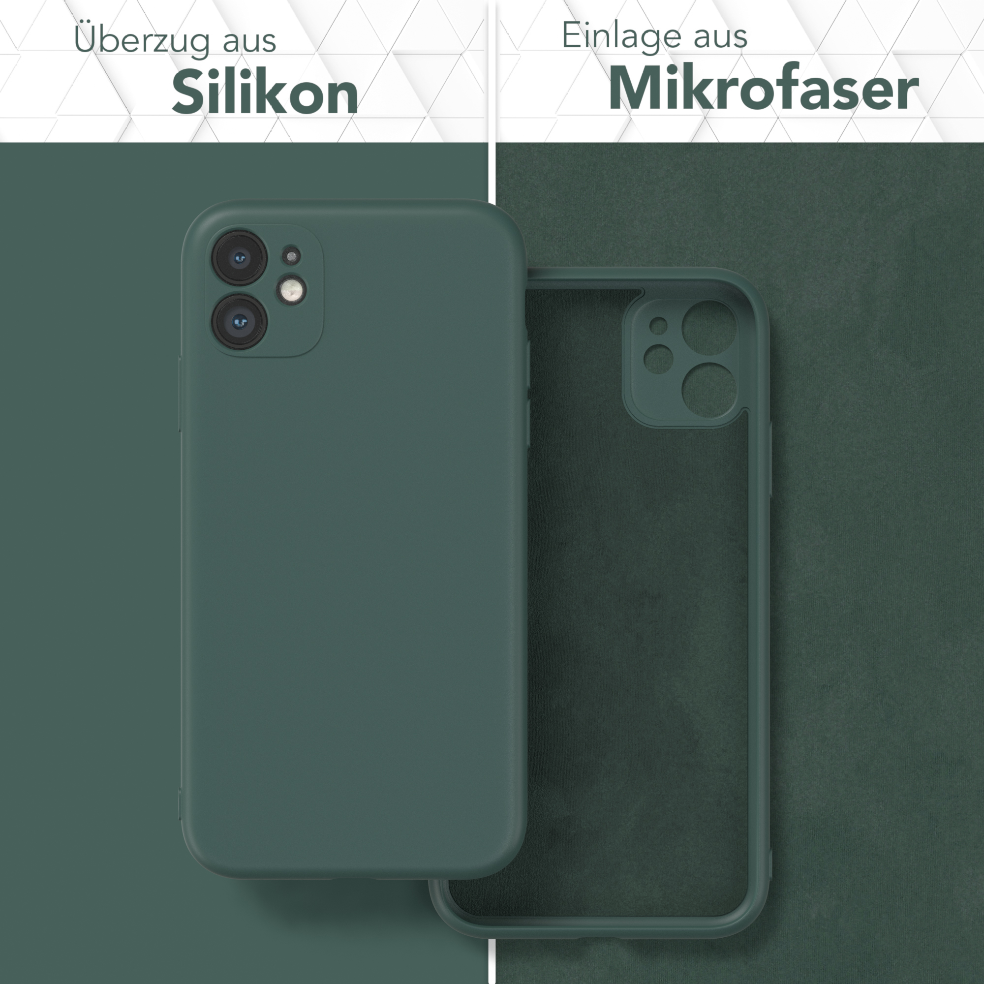 Eine grüne Handyhülle, mit einem Telefon links und dem Gehäuseinneren rechts.