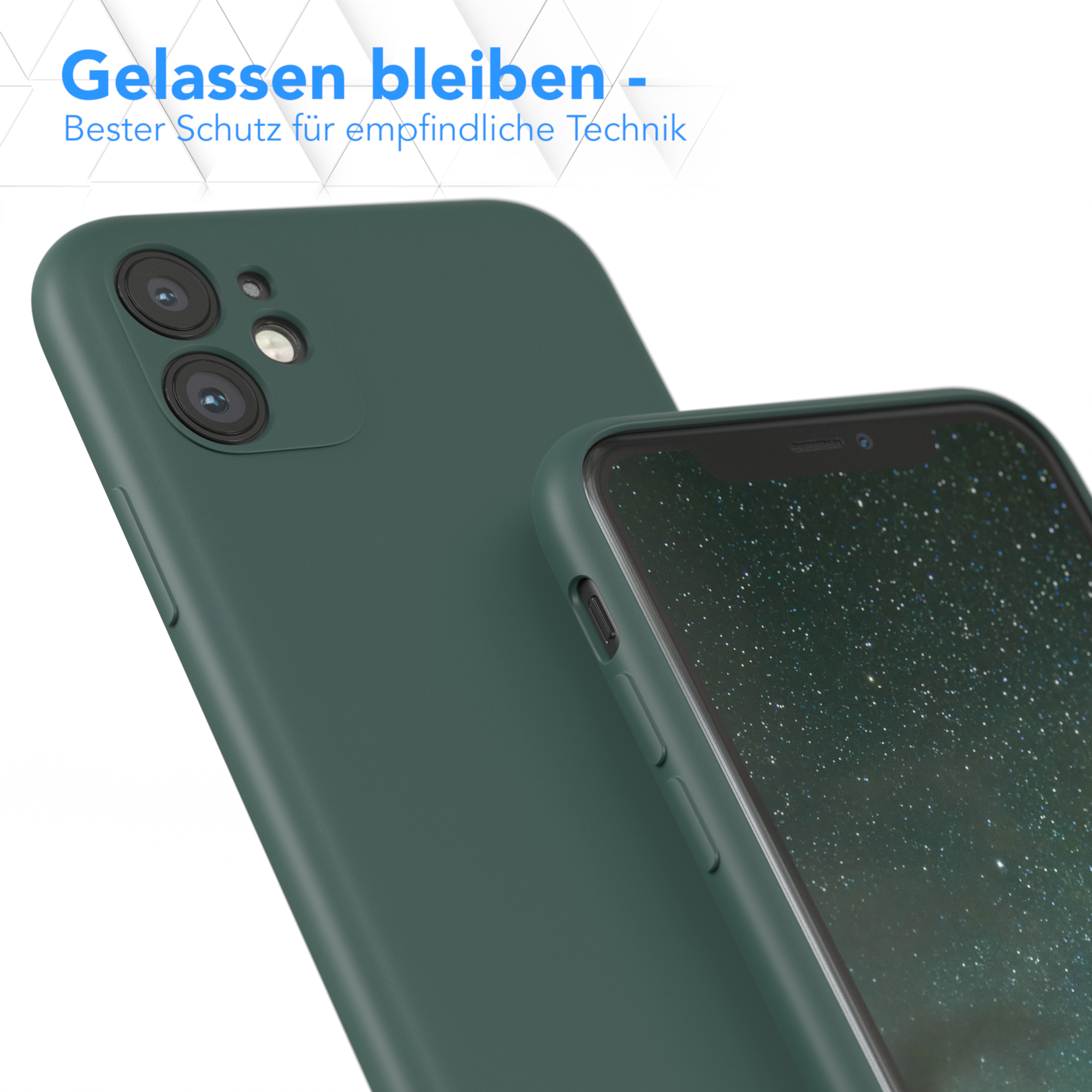 Grüne Handyhülle neben Telefon. Text: 'Entspannt bleiben - Bester Schutz für empfindliche Technik'.