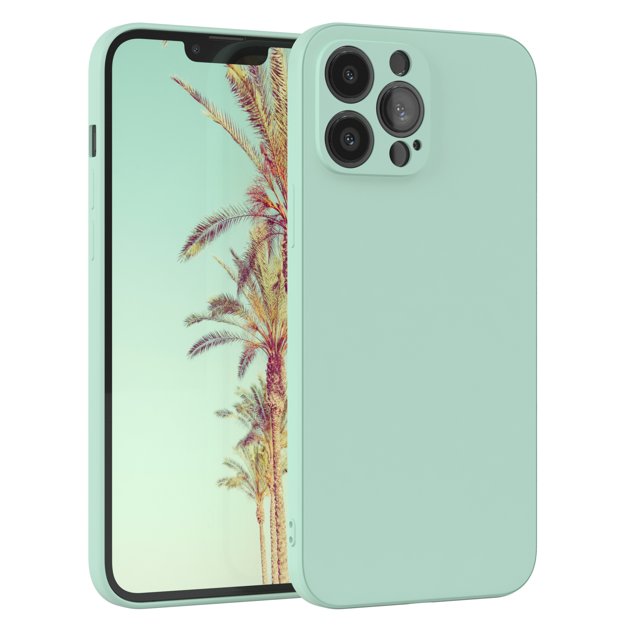 Eine mintgrüne Handyhülle mit einem Telefon darin. Das Telefon zeigt eine Palmen-Szene.
