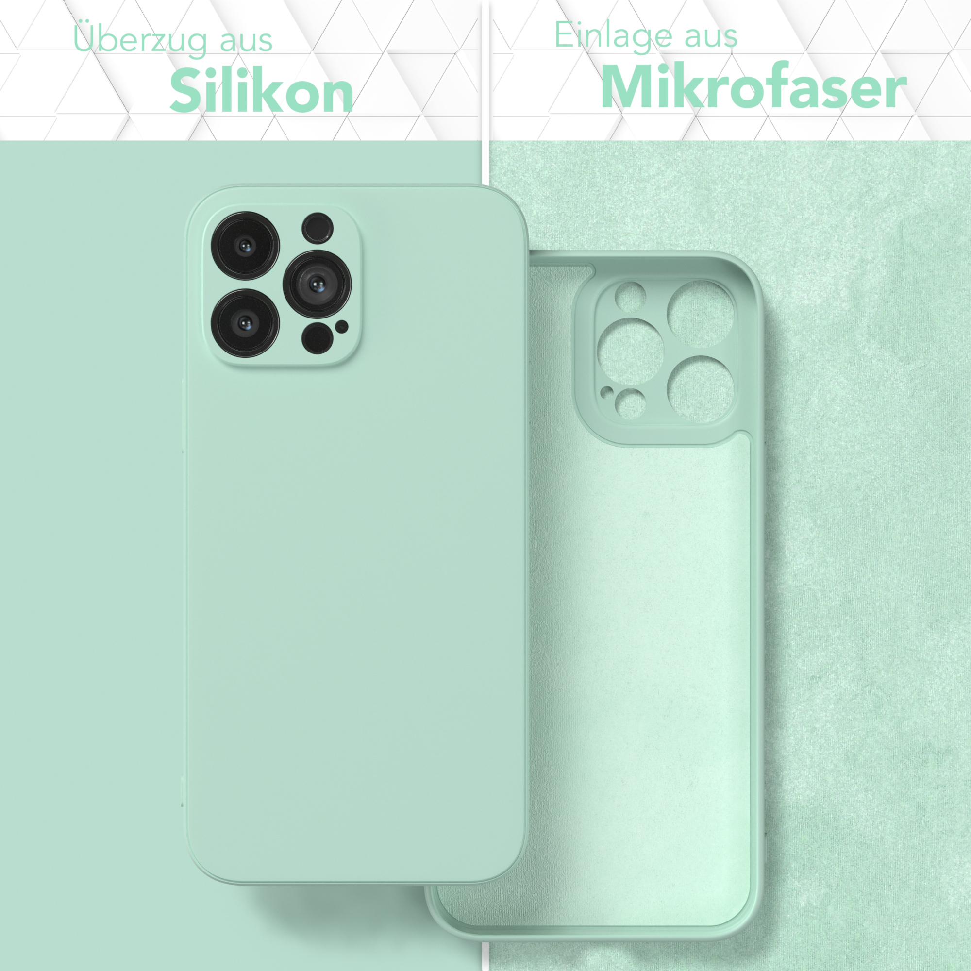 Mintgrüne Handyhülle, Silikon-Überzug und Mikrofaser-Einlage, strukturierter Hintergrund.