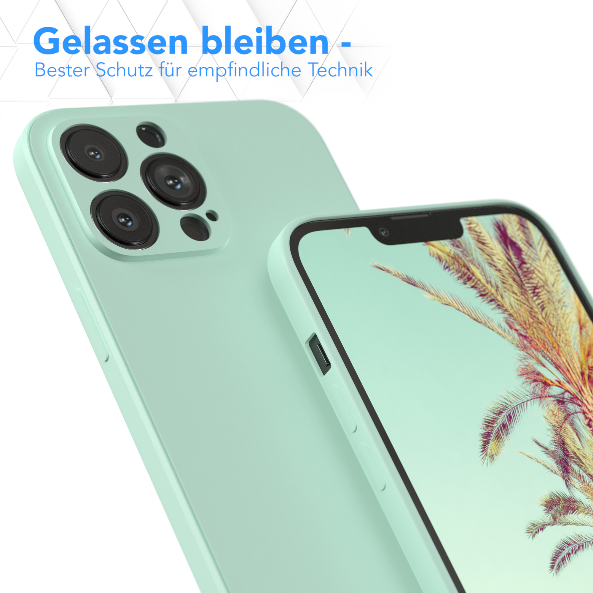 Nahaufnahme einer mintgrünen Handyhülle und eines Telefons. Text 'Gelassen bleiben - Bester Schutz für empfindliche Technik'.