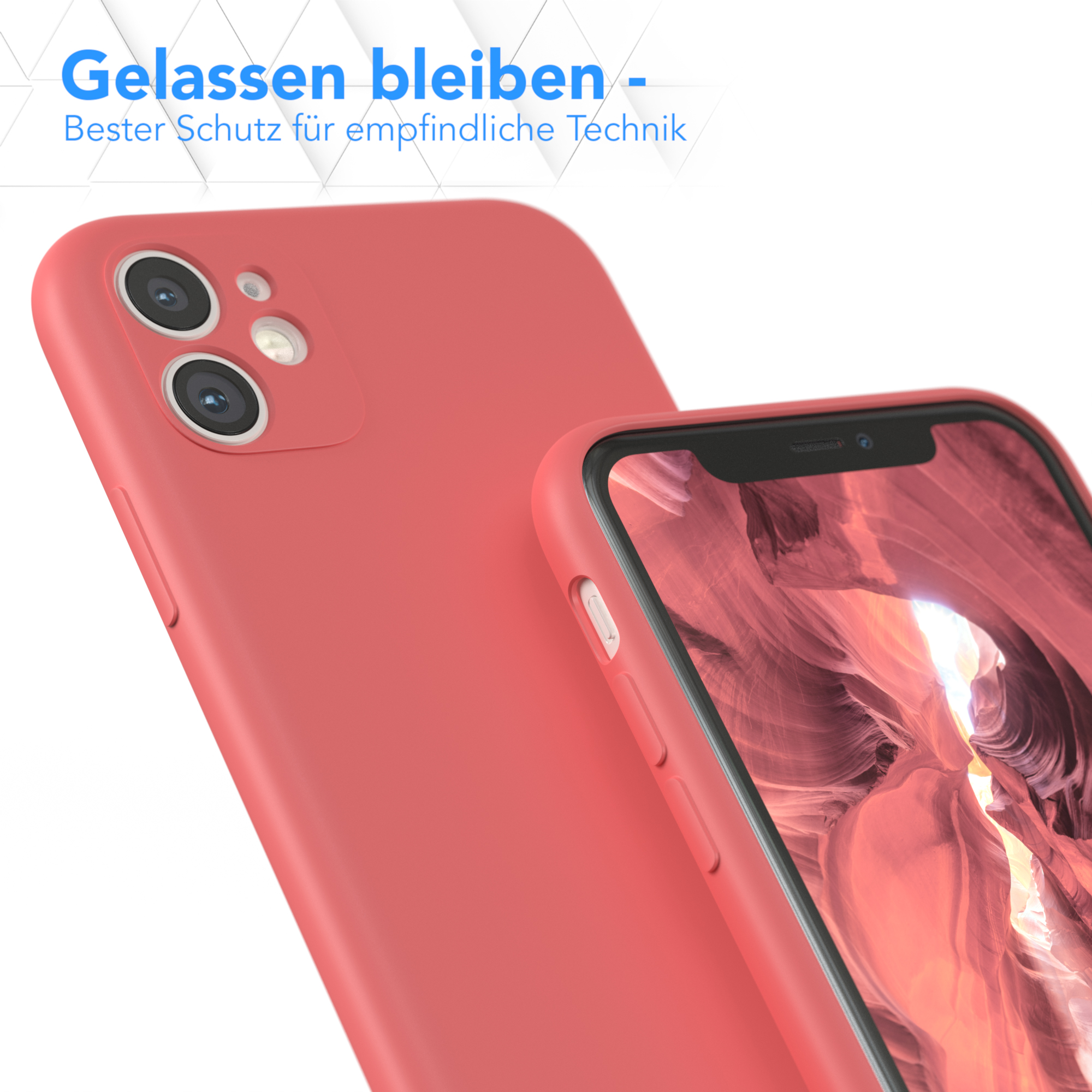 Zwei rote Handyhüllen. Eine umgibt ein Telefon. Der Text 'Gelassen bleiben' steht oben.