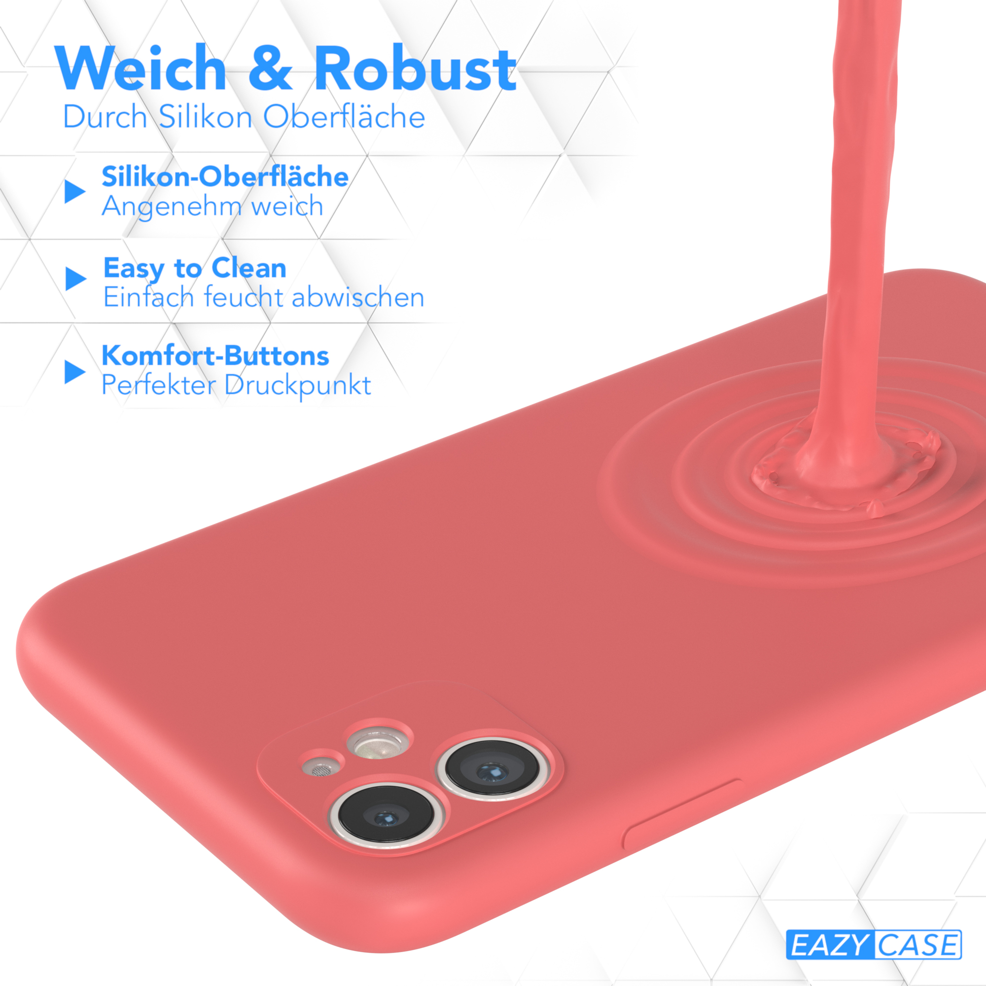 Rosa Handyhülle mit Flüssigkeitseffekt, Telefon und Text auf Deutsch.