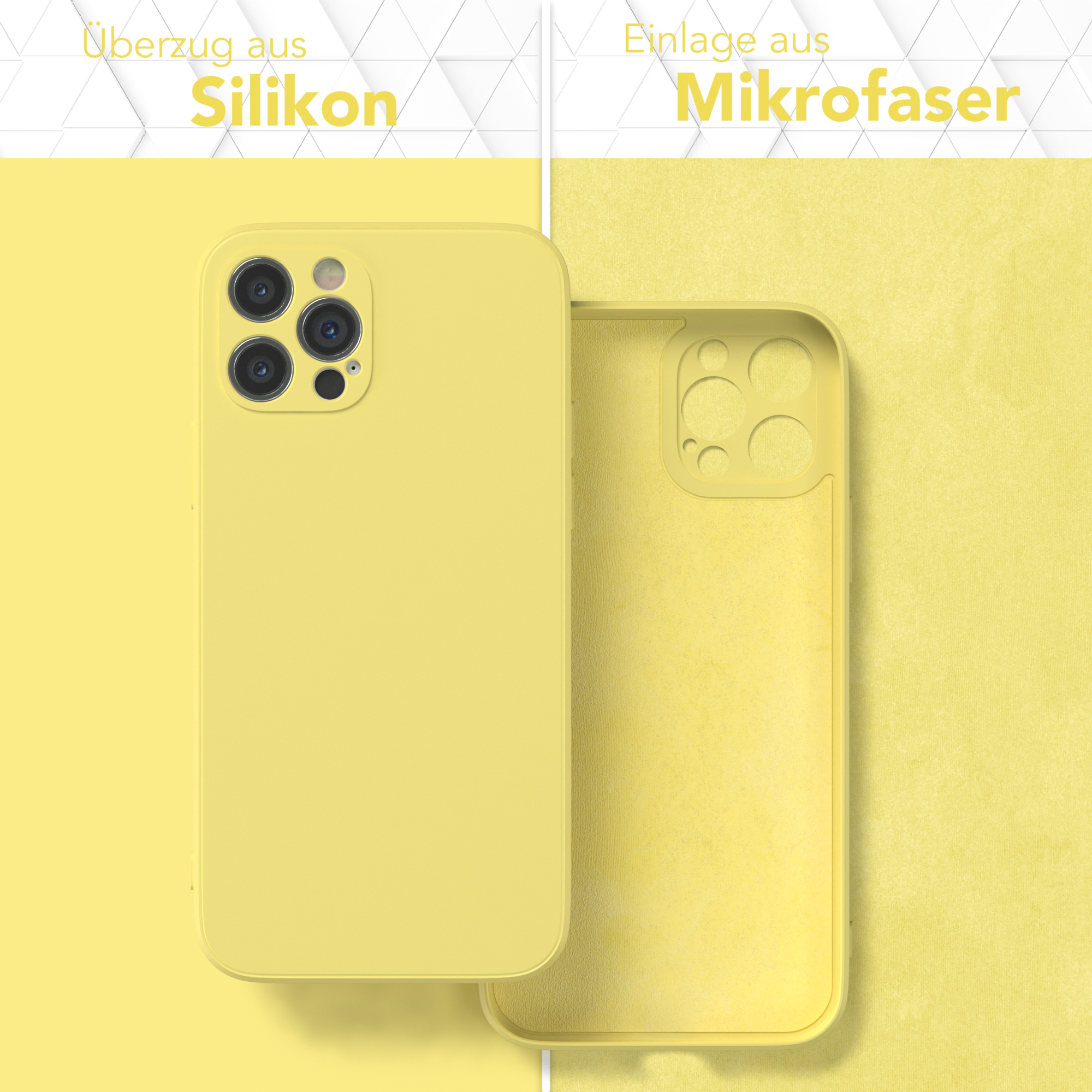 Telefonhülle mit Silikon- und Mikrofaser-Schichten. Text: Silikon außen, Mikrofaser innen.