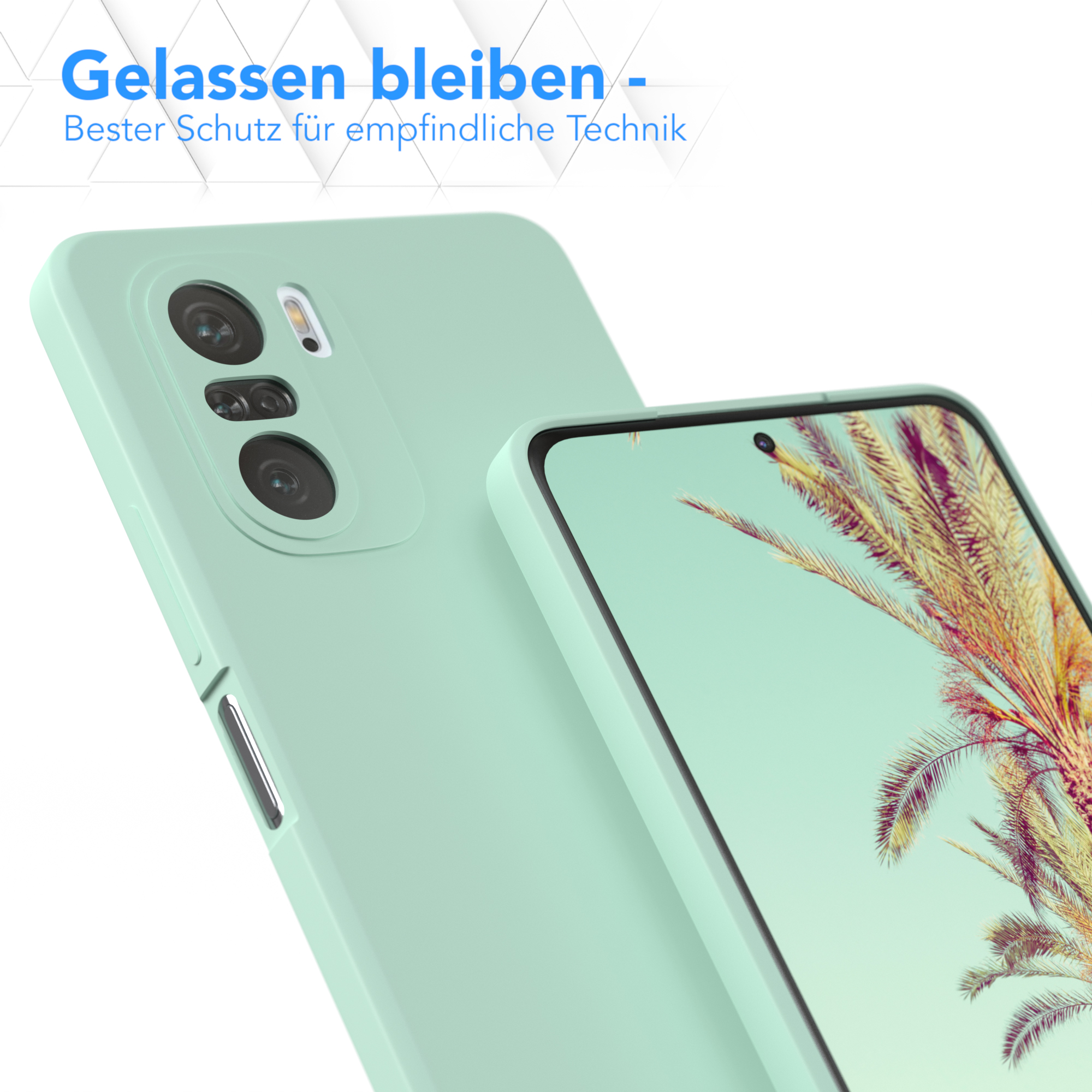 Nahaufnahme einer mintgrünen Handyhülle und eines Telefons. Text 'Gelassen bleiben - Bester Schutz für empfindliche Technik'.