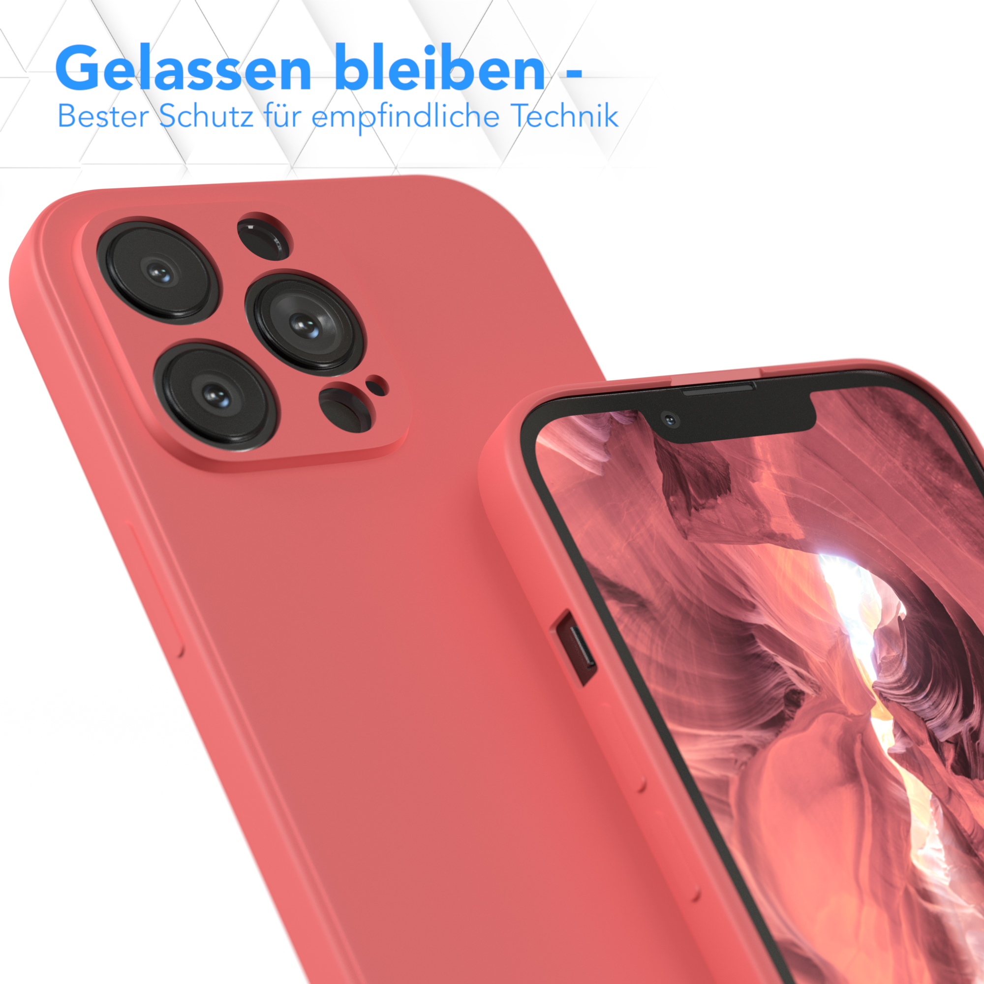 Eine korallenfarbene Handyhülle und ein passendes Telefon. Die Hülle ist auf weißem Grund.