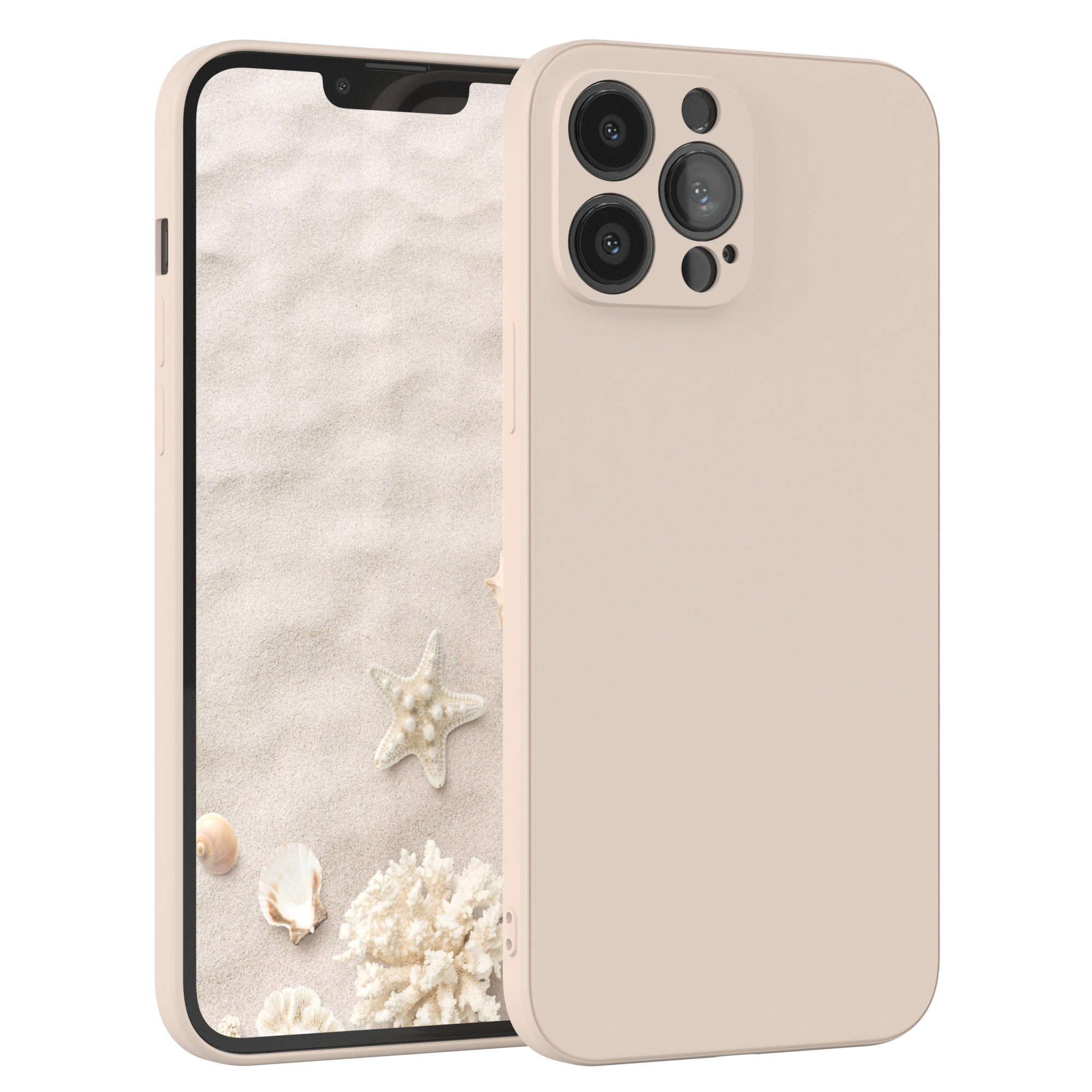 Beige Handyhülle. Bildschirm zeigt Strand und Seesterne, Korallen. Rückseite sichtbar.