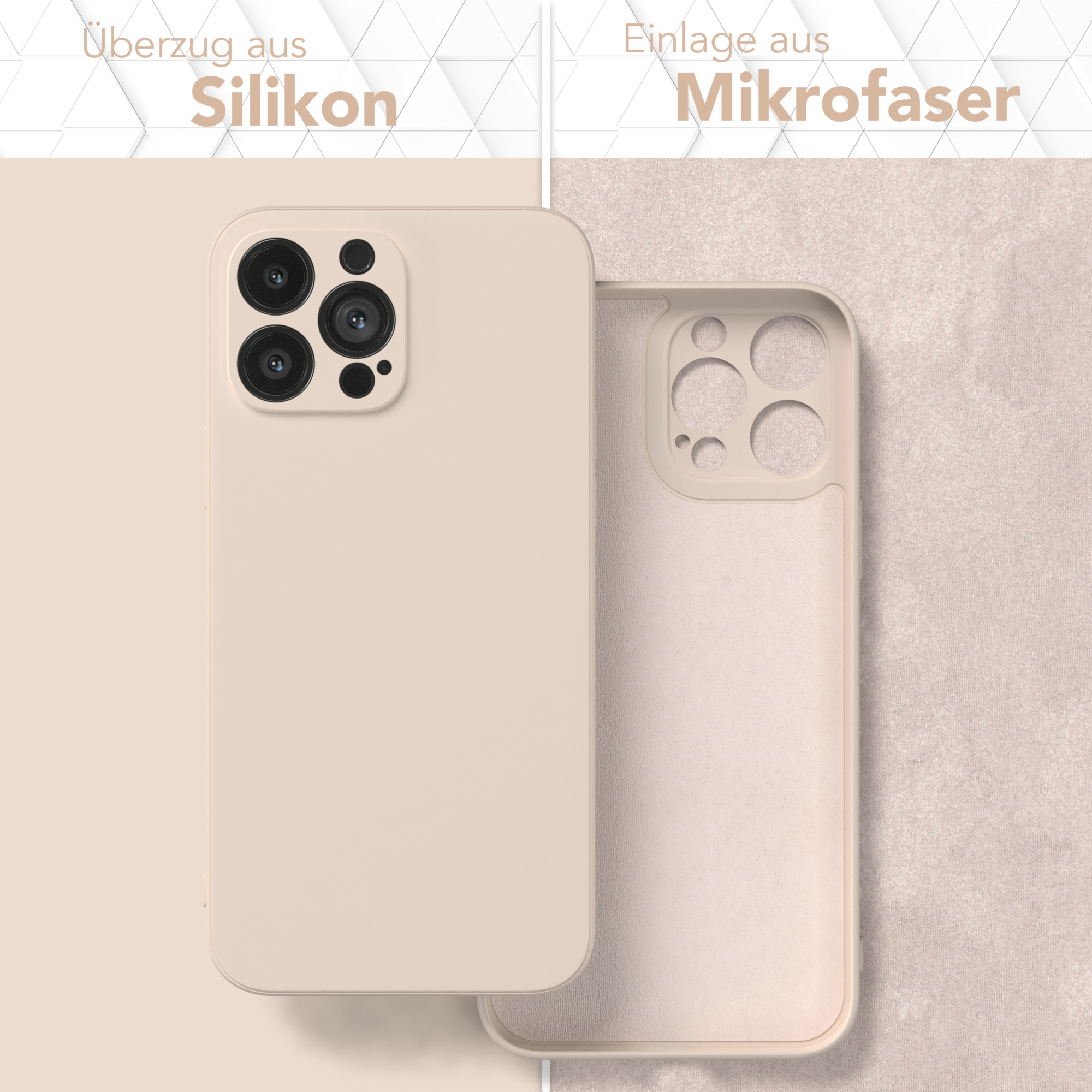 Zwei Handyhüllen. Die beige Hülle ist geöffnet und zeigt die innere Textur. Die andere ist geschlossen.