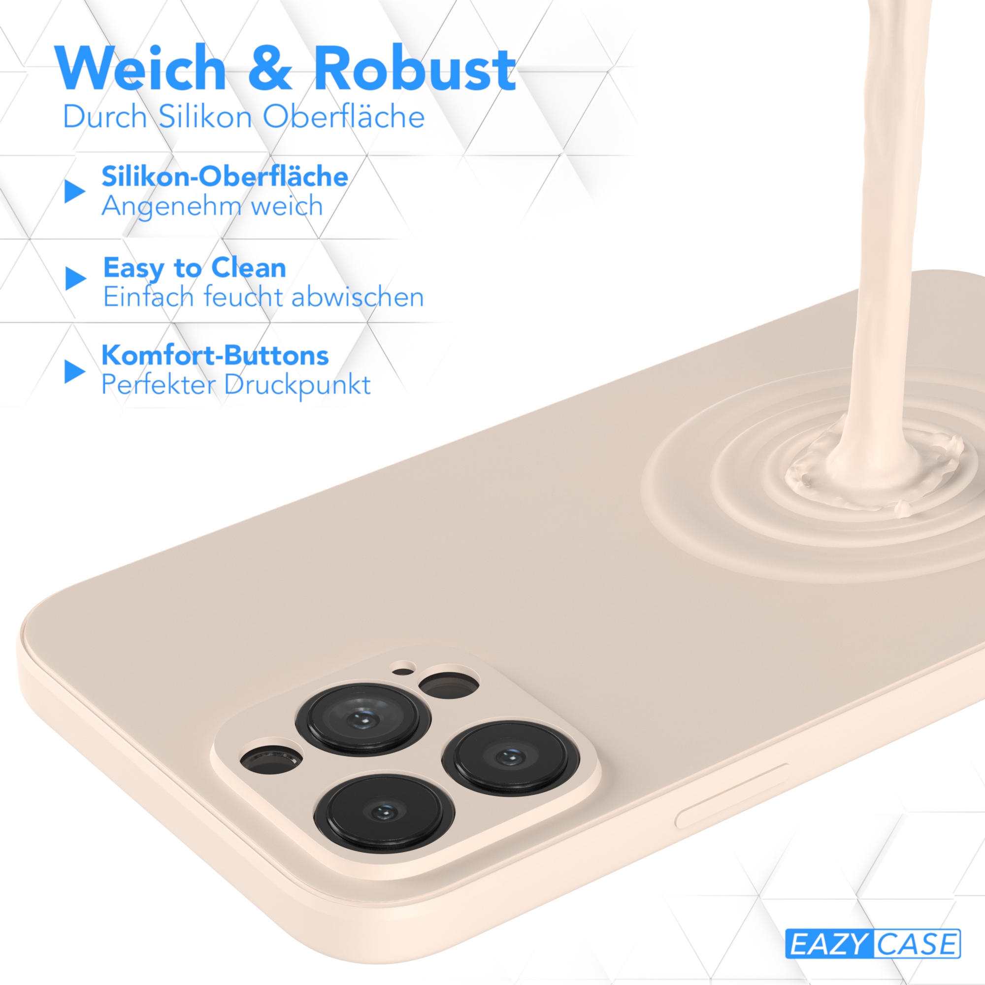 Handyhülle mit Flüssigkeit, die darauf gegossen wird. Text: 'WEICH & ROBUST'. Hülle mit Kameras.