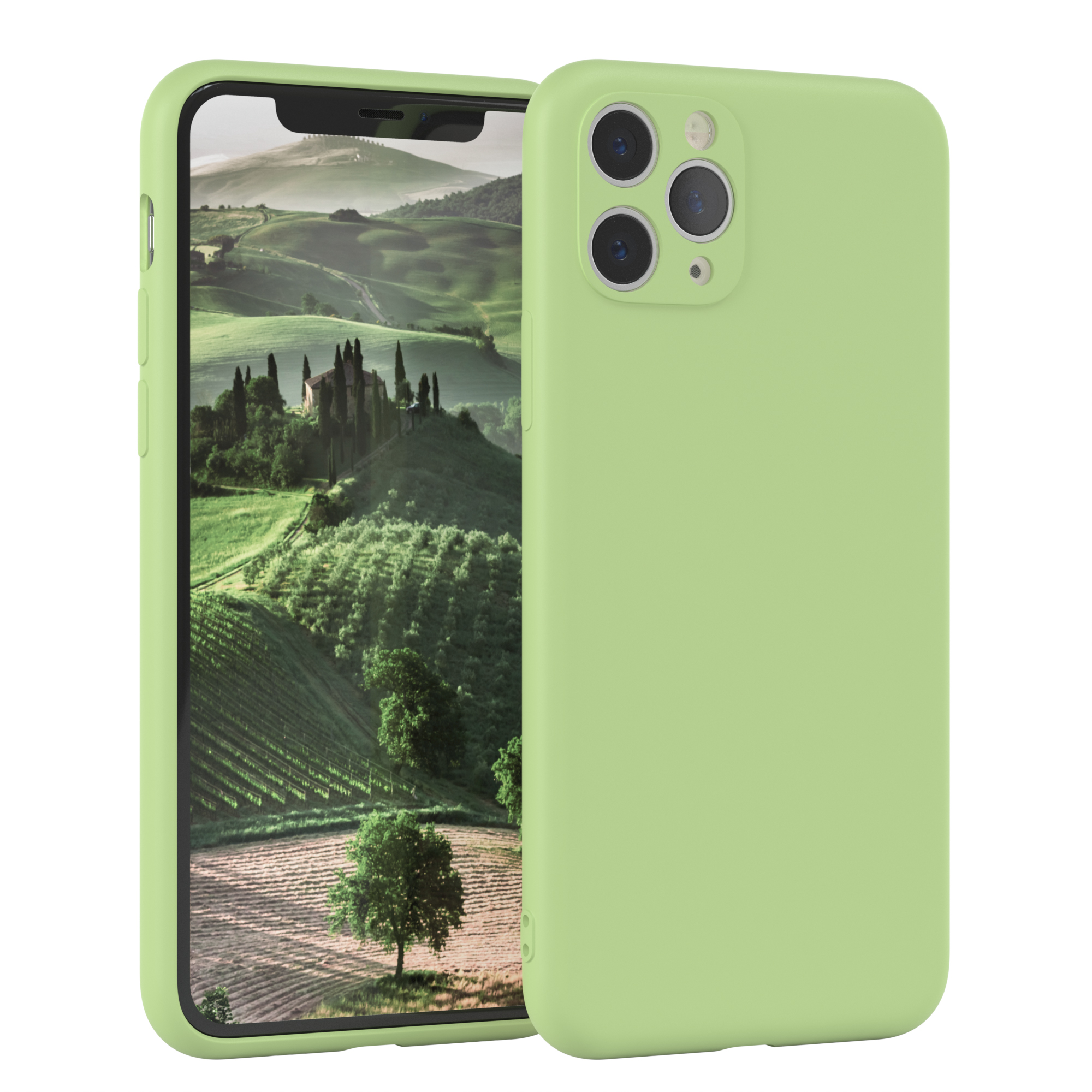 Grüne Handyhülle. Ein Telefon mit Hülle ist sichtbar, zeigt Landschaft.