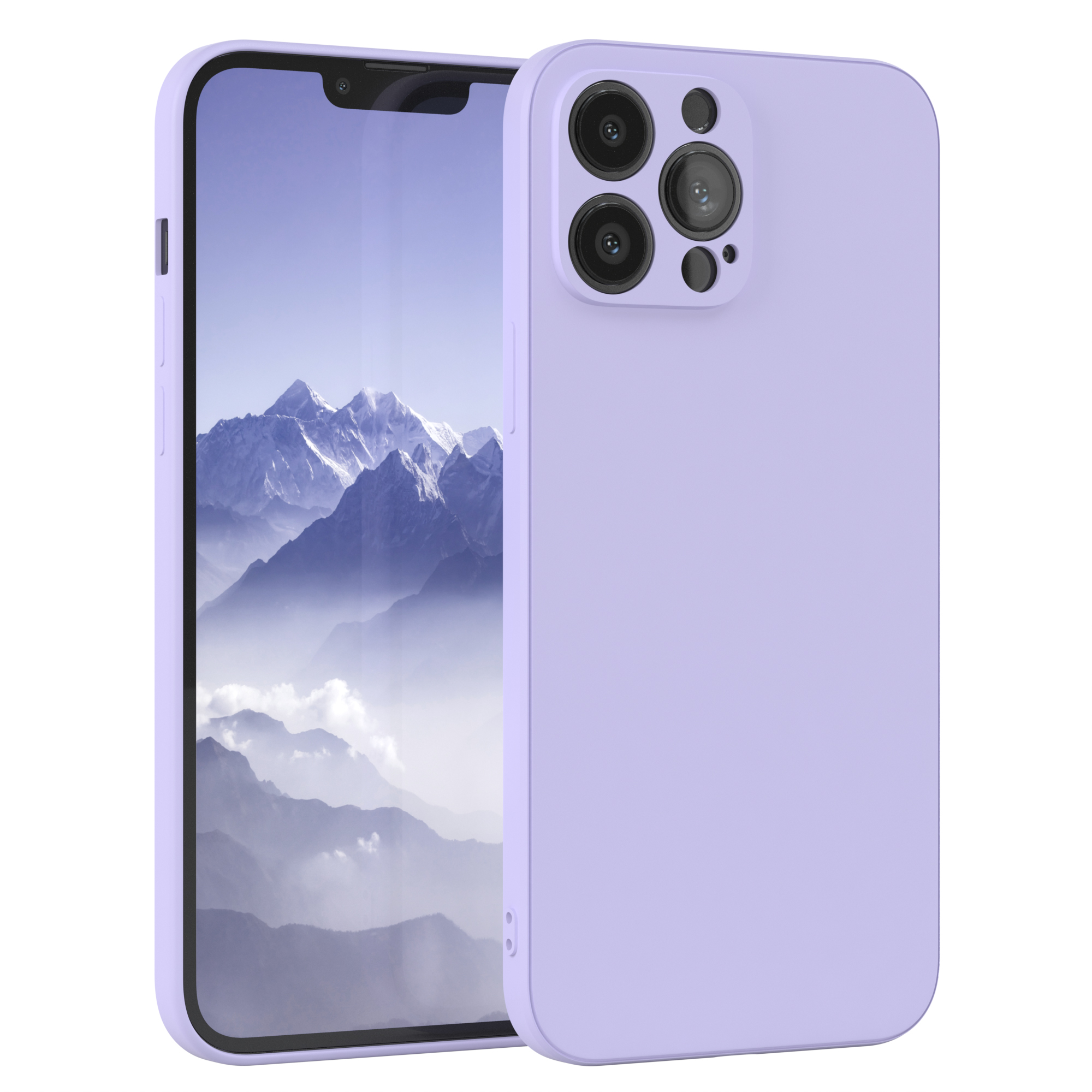 Lila Telefon mit Hülle, zeigt Berge auf dem Bildschirm.