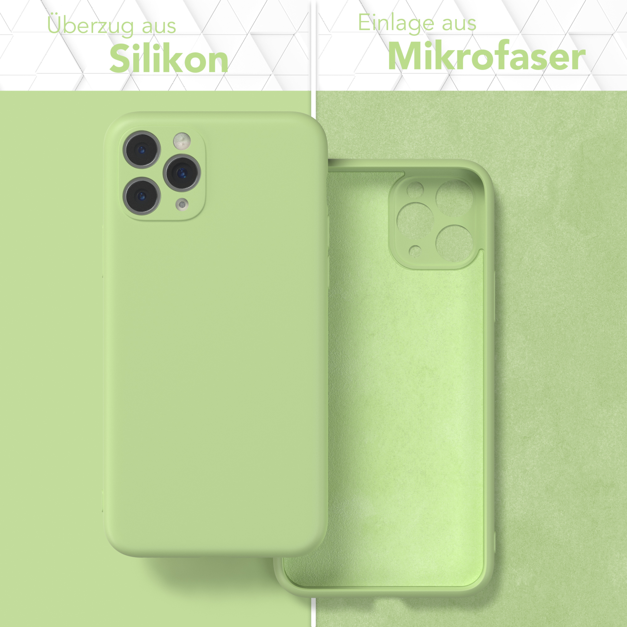 Telefonhülle mit Abdeckung. Text: Silikonhülle, Mikrofaser-Einsatz. Grüne Farbe. Das Innere der Hülle ist sichtbar.