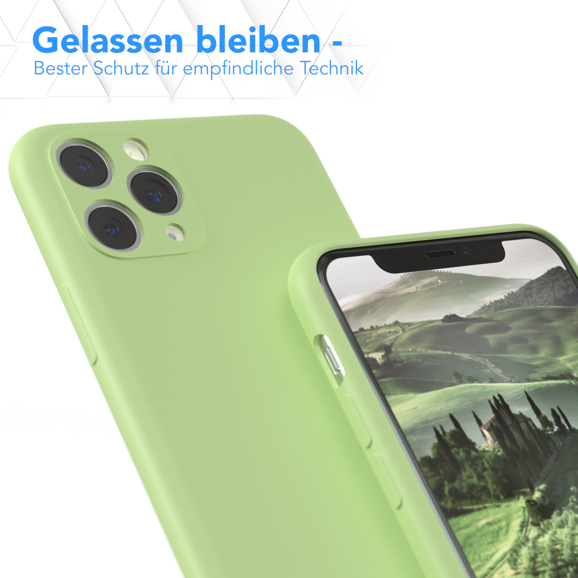 Grünes Telefon und Hülle. Text und landschaftlicher Hintergrund. Weißer Hintergrund.