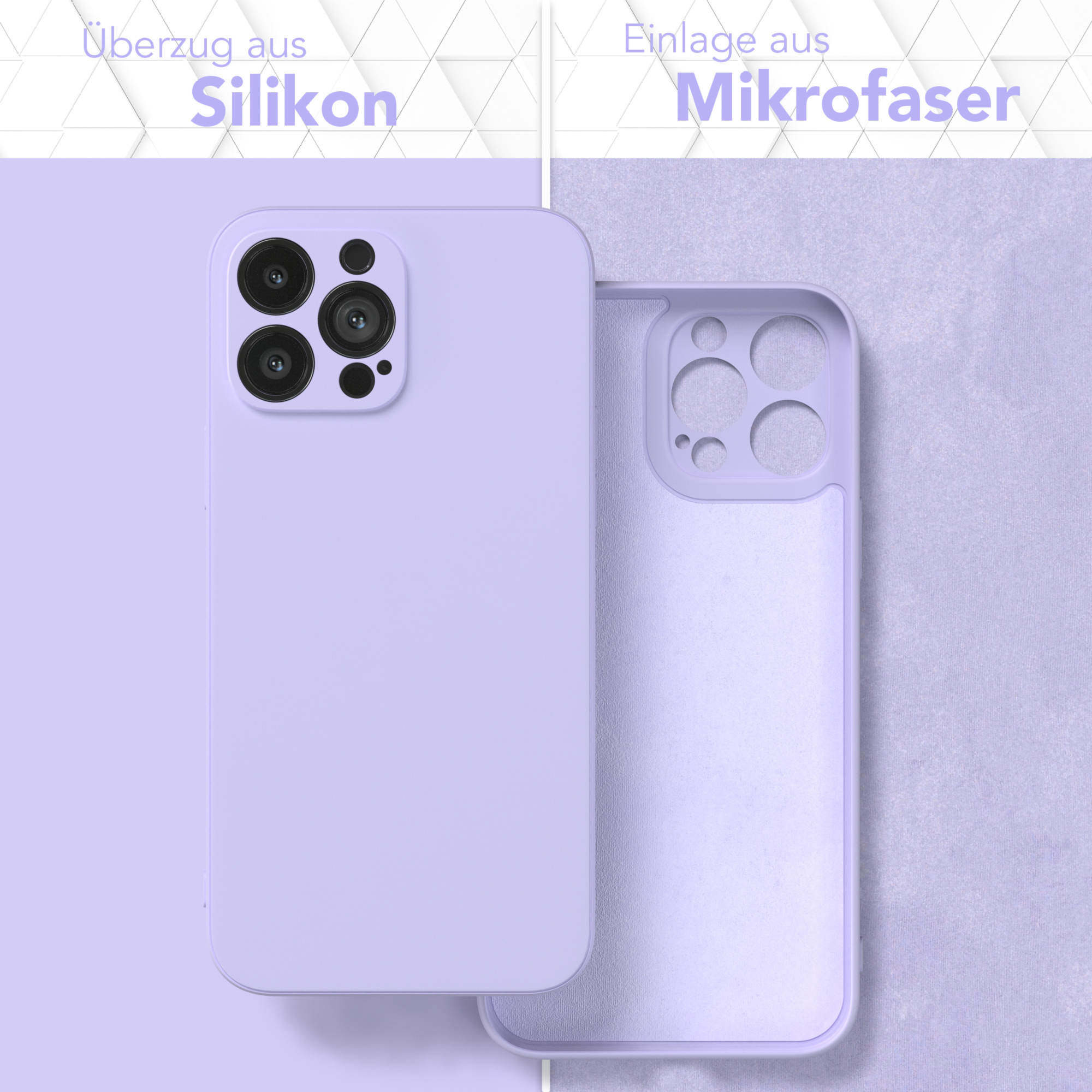 Zwei Handyhüllen: eine lila, die andere geöffnet mit weißem Innenraum. Text zeigt Silikon und Mikrofaser.