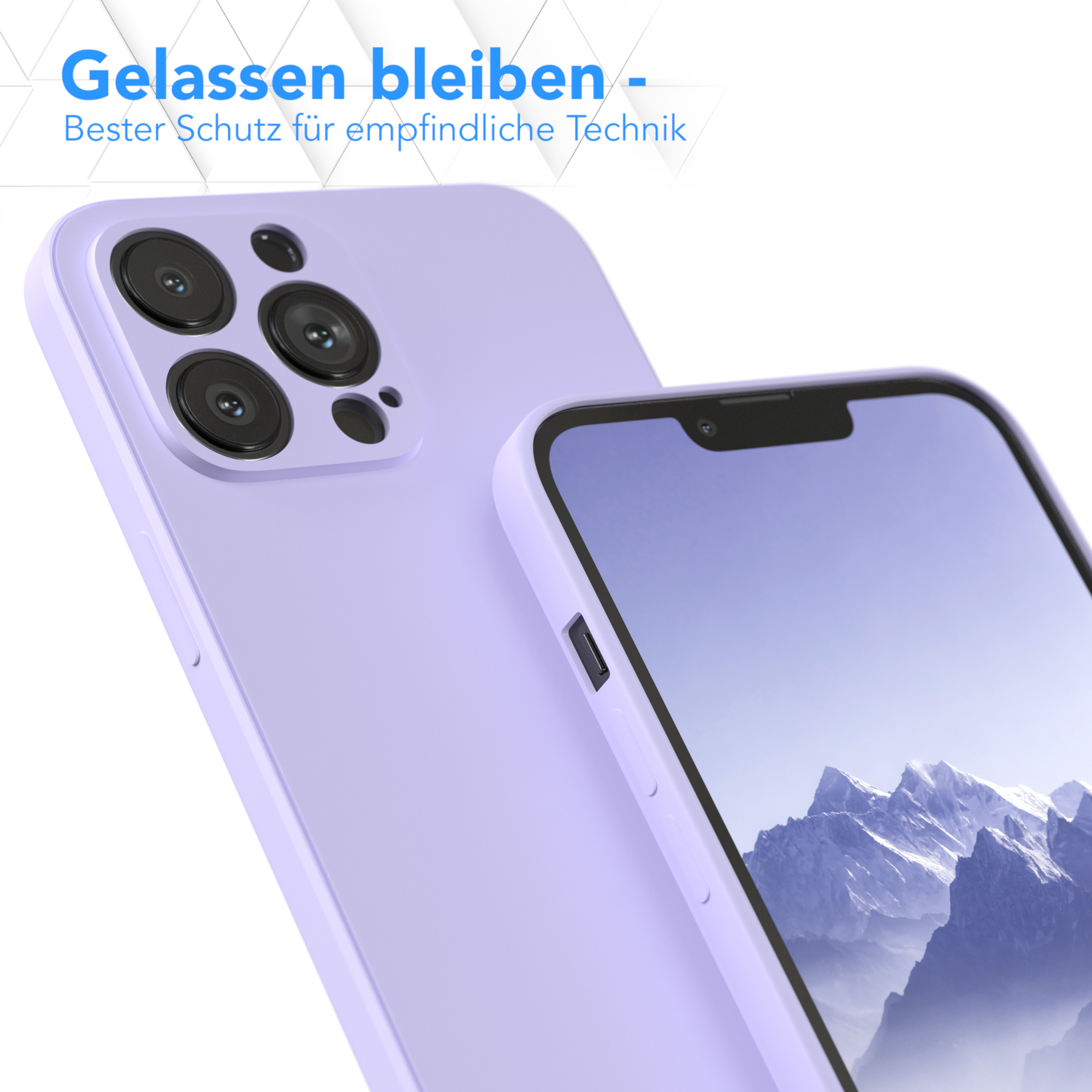 Lila Handyhülle neben einem Telefon mit einer hellblauen Himmelsanzeige.