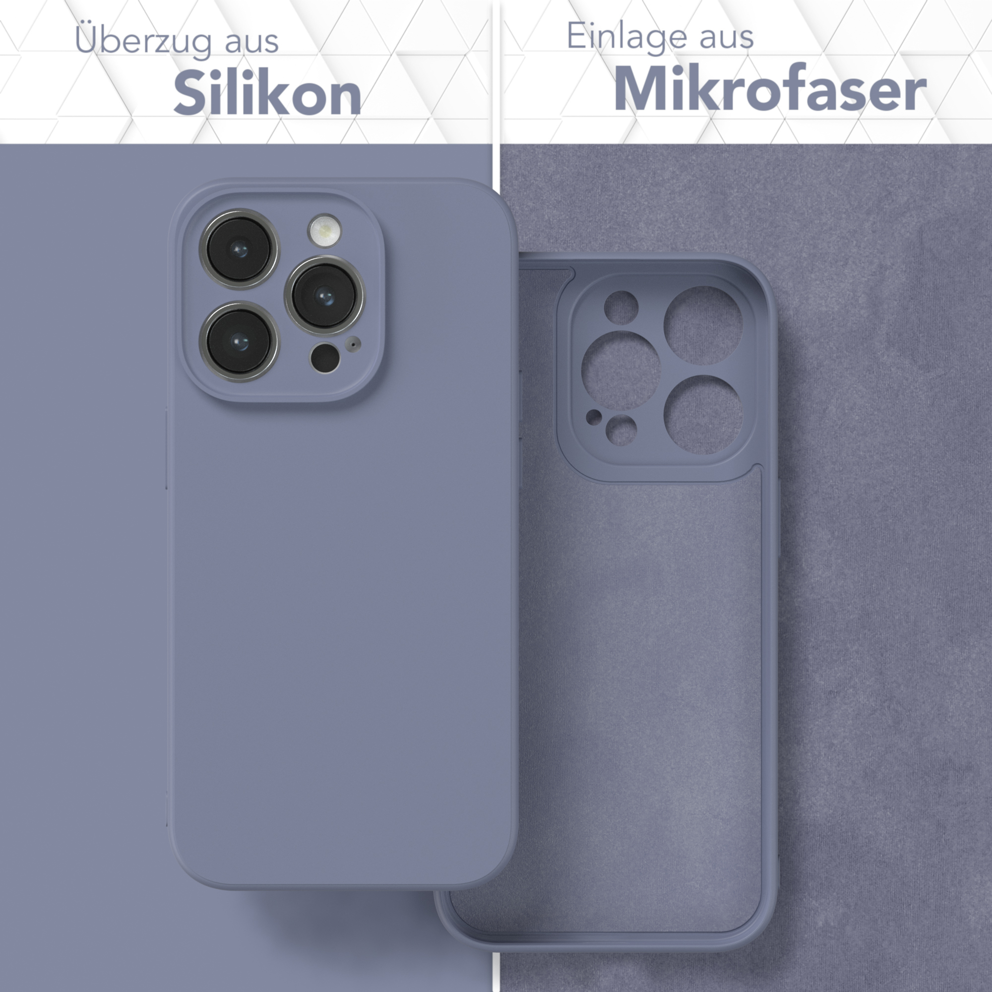 Handyhülle, zweigeteilt, Silikon außen, Mikrofaser innen, lila Farbe.