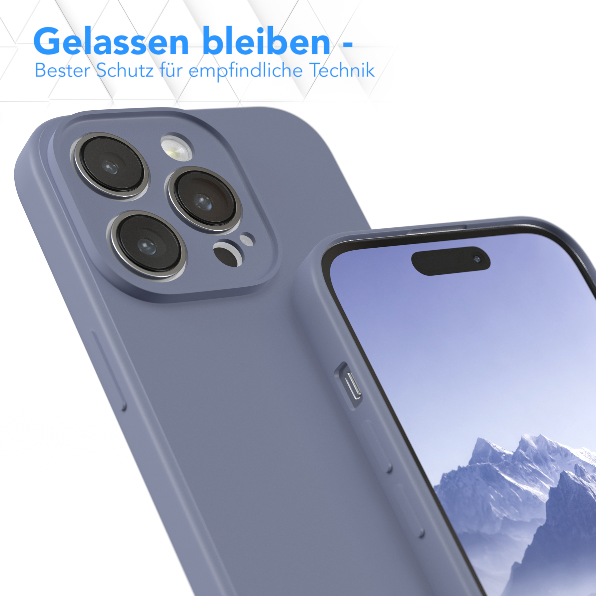 Eine Handyhülle in Blau, die Kameralinsen und den Rand eines Telefonbildschirms mit Bergen im Hintergrund zeigt.
