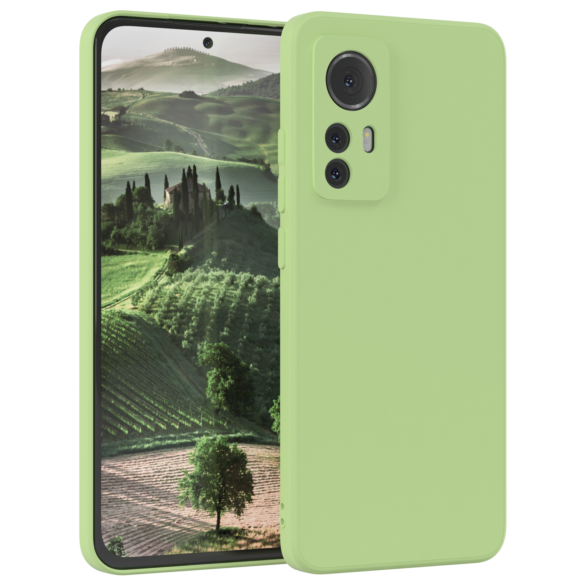 Grüne Handyhülle mit Landschaftsfoto. Die Hülle ist offen, zeigt das Telefon.