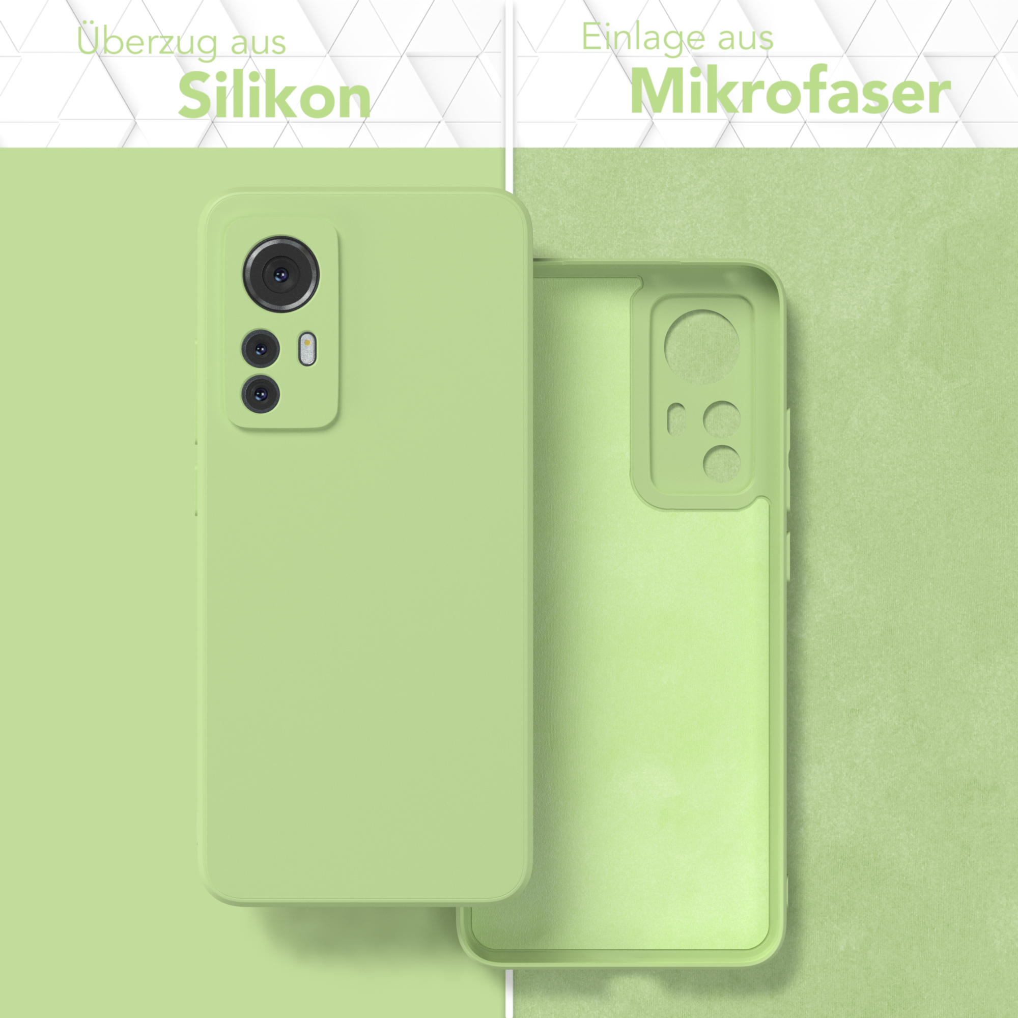 Zwei Handyhüllen, grünes Silikon links und grüne Mikrofaser rechts, mit Textbeschriftungen.