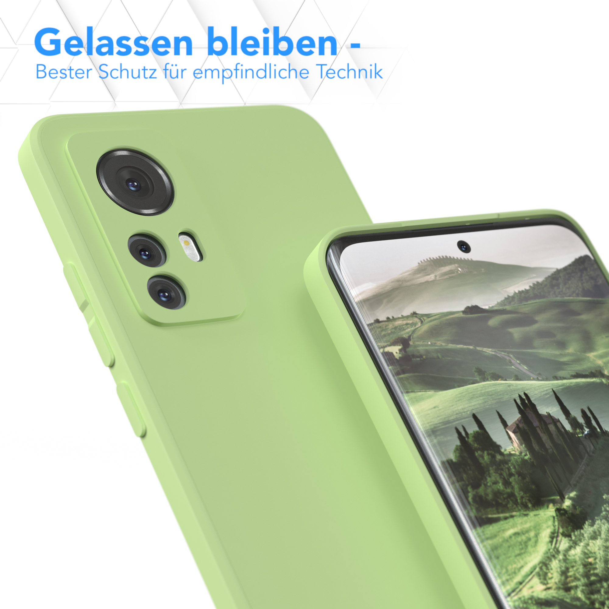 Zwei grüne Handyhüllen. Eine umgibt ein Telefon. Der Text 'Gelassen bleiben' steht oben.