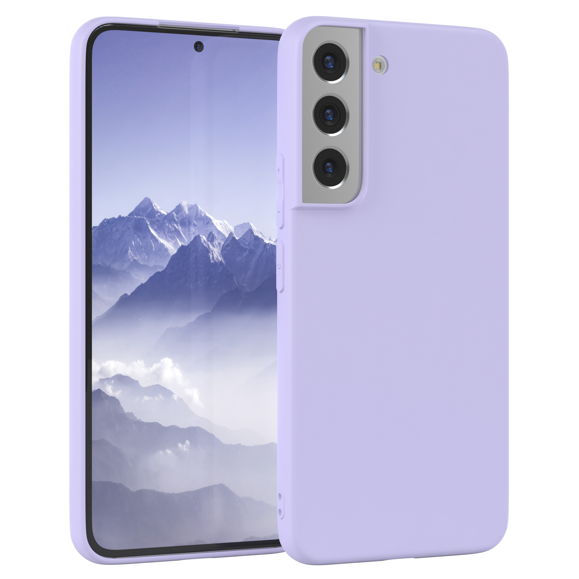 Lila Telefon in einer Hülle mit einem Foto auf dem Bildschirm.